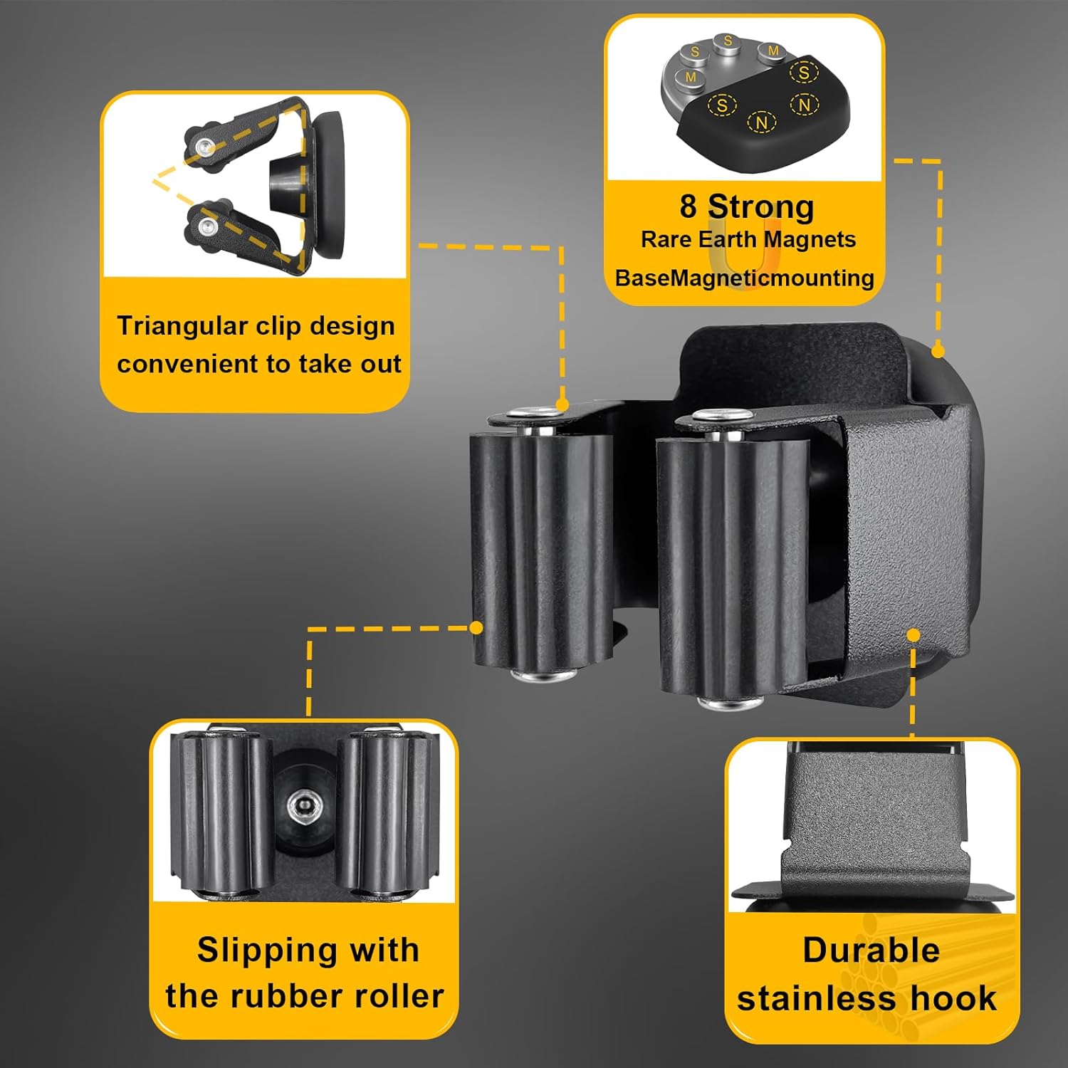 MagitcSee Magnetic Broom and Mop Holder 2 Pcs Black Wall Mount