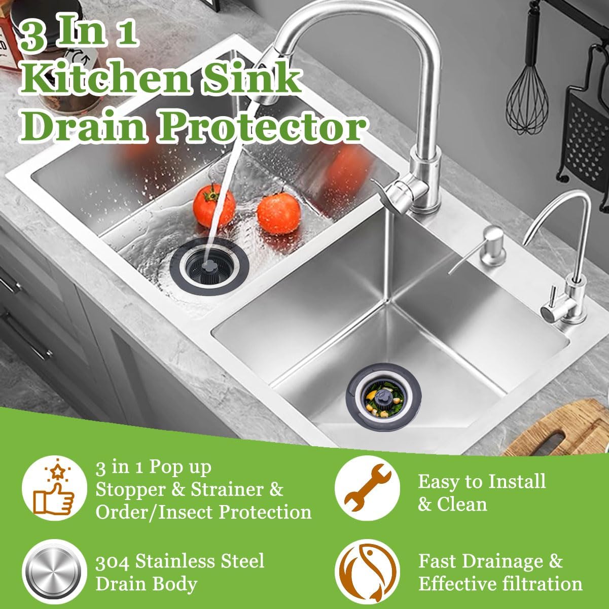 WSYLEN 3 in 1 Kitchen Sink Drain Strainer and Stopper Combo