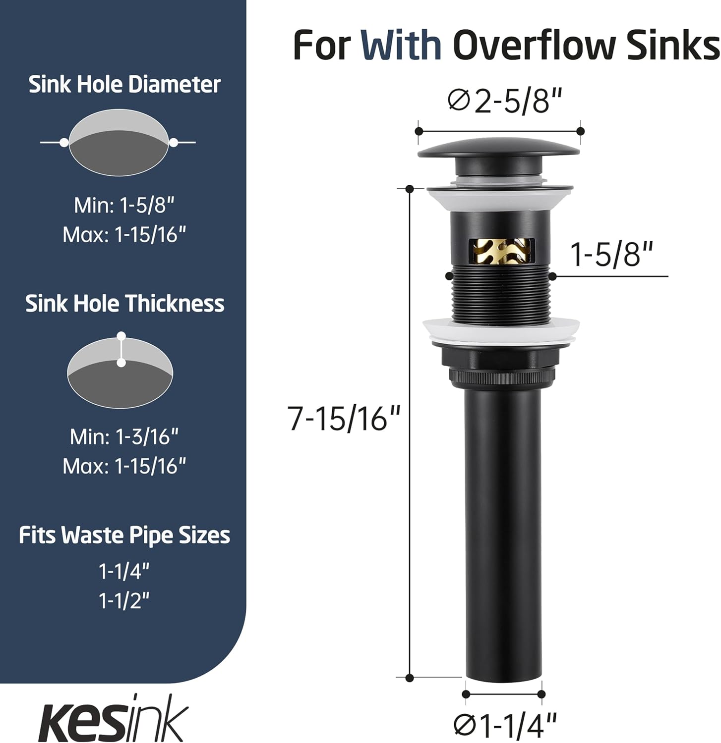 Kesink Black Bathroom Sink Drain with Anti-Clog Basket and Pop-Up Function