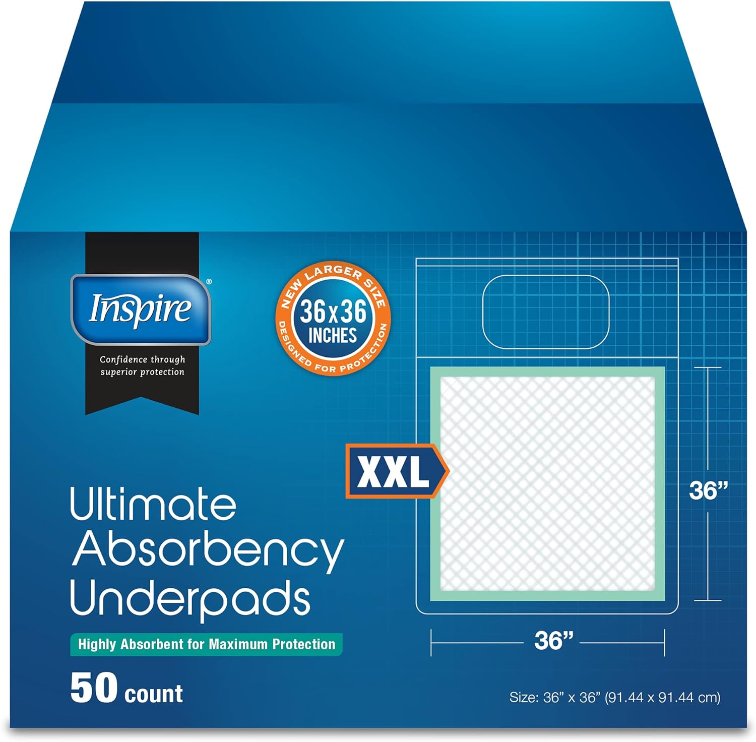 Inspire Extra Large Absorbent Bed Pads for Incontinence 36x36 50-Pack