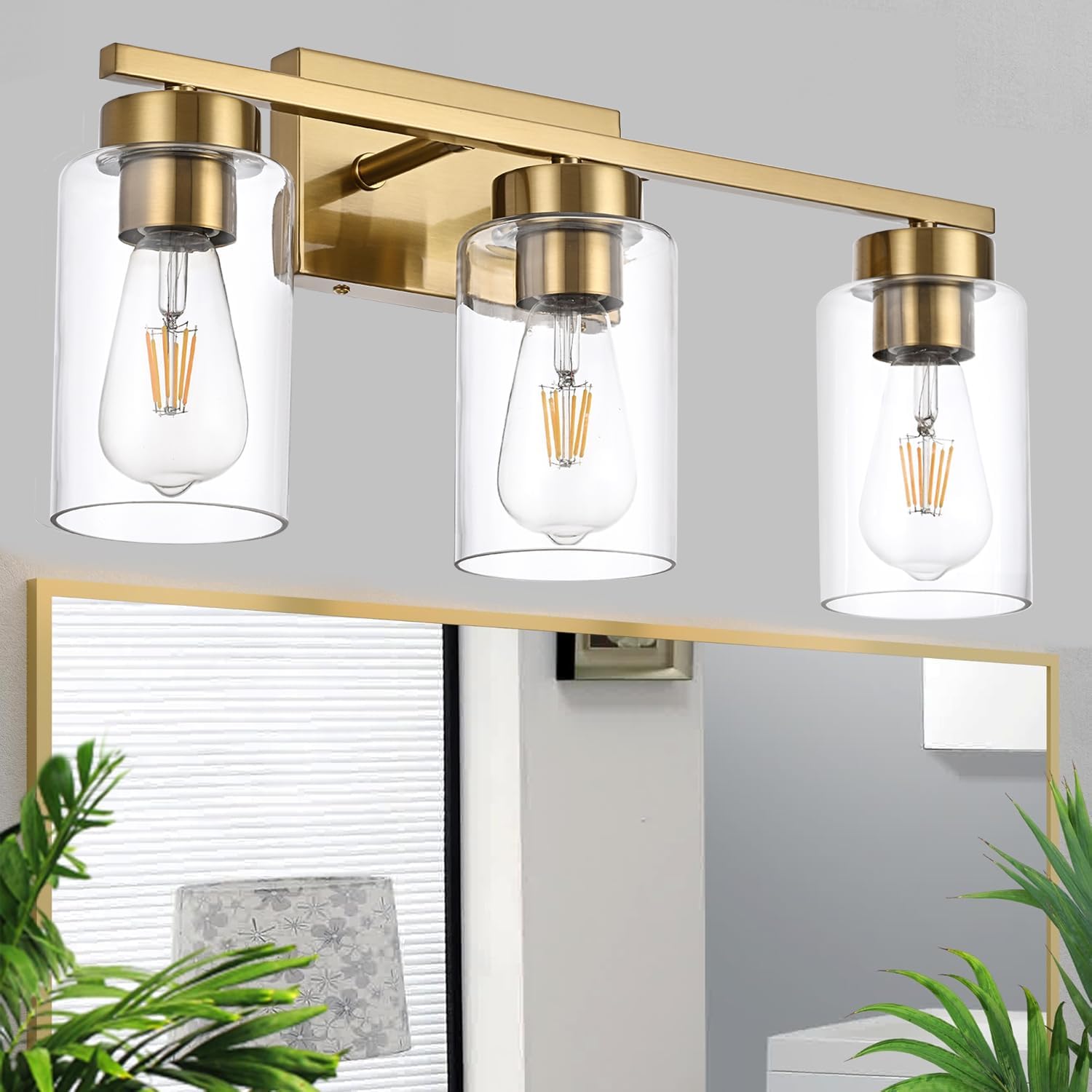 3-Light Brushed Gold Bathroom Vanity Light with Clear Glass Shades
