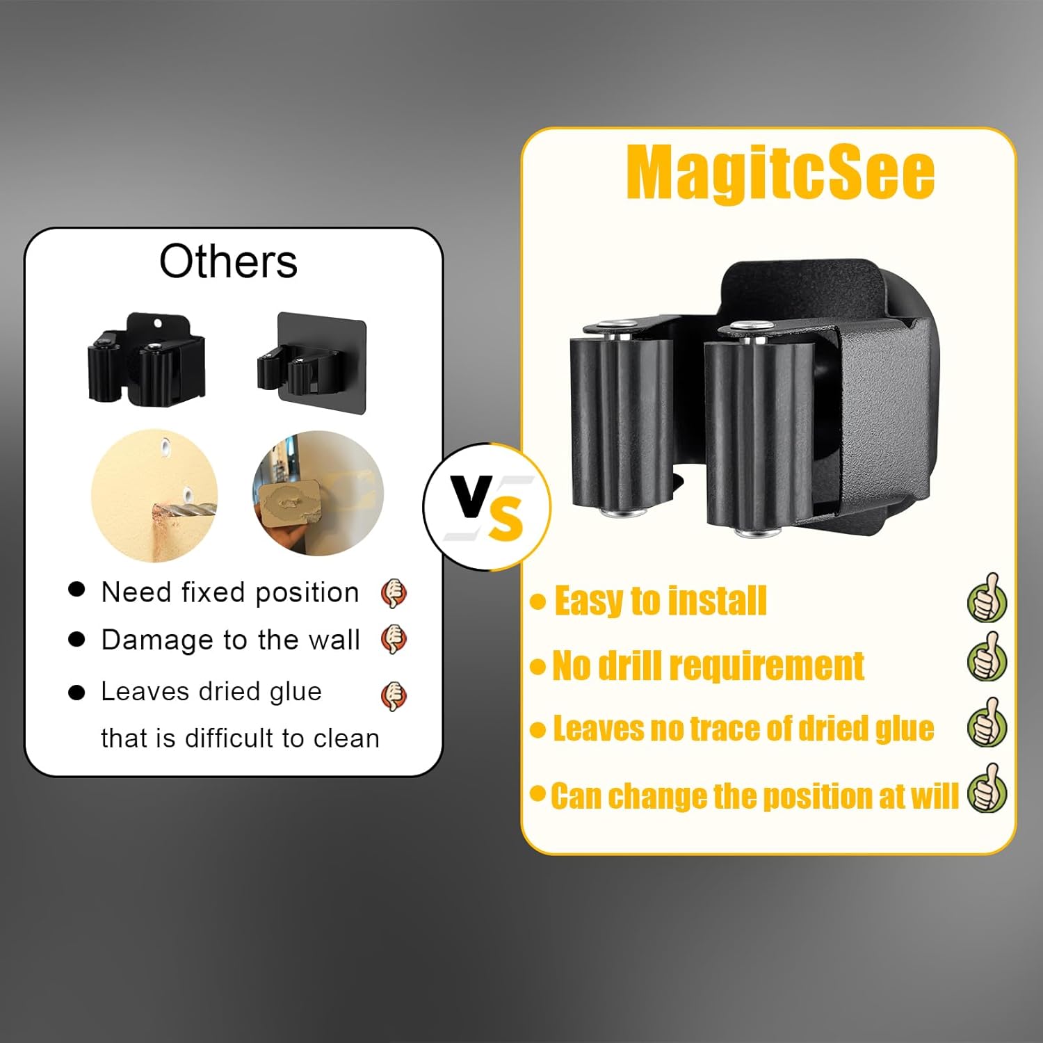 MagitcSee Magnetic Broom and Mop Holder 2 Pcs Black Wall Mount