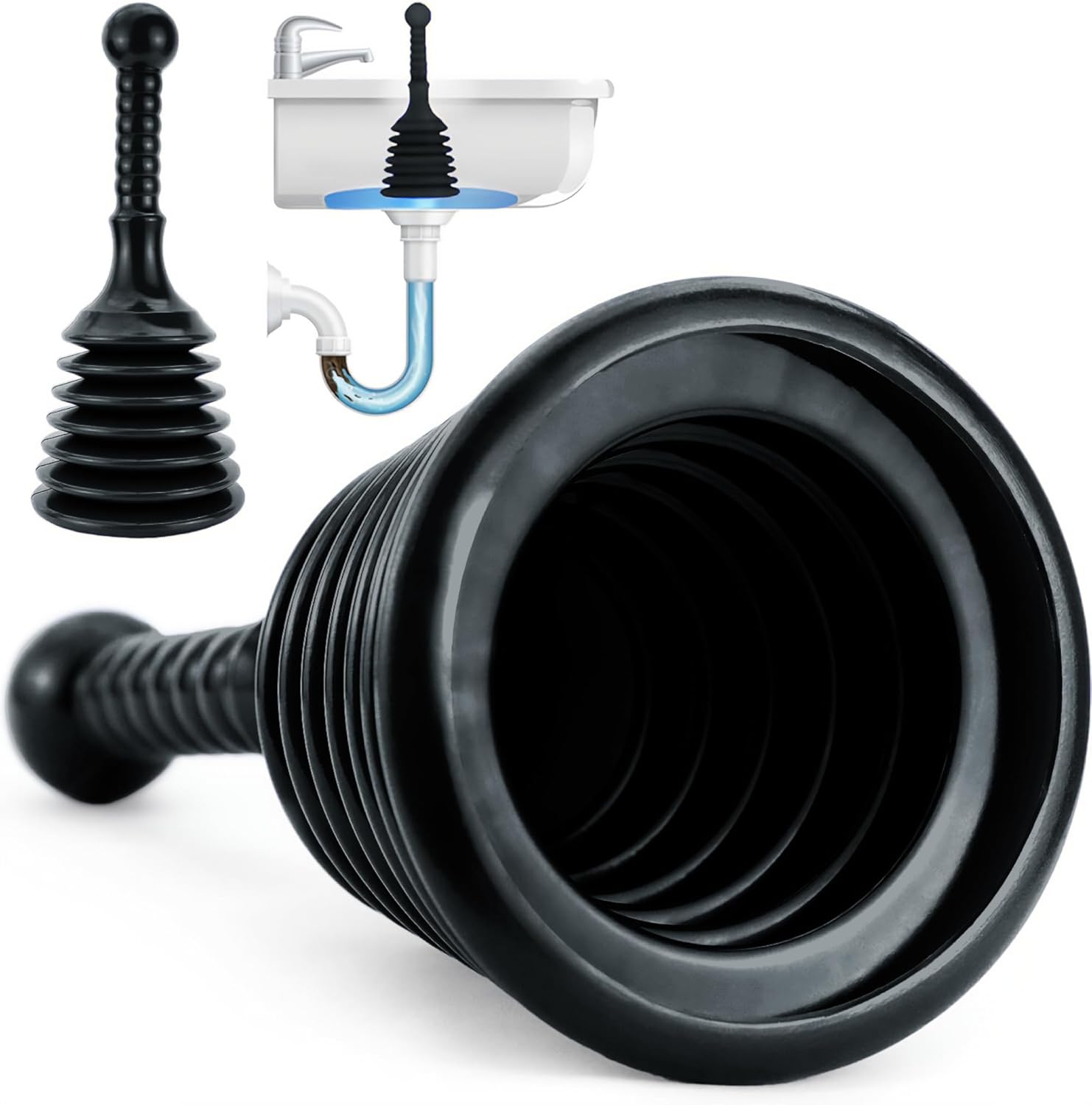 Luigis Black Accordion Plunger for Sinks and Drains