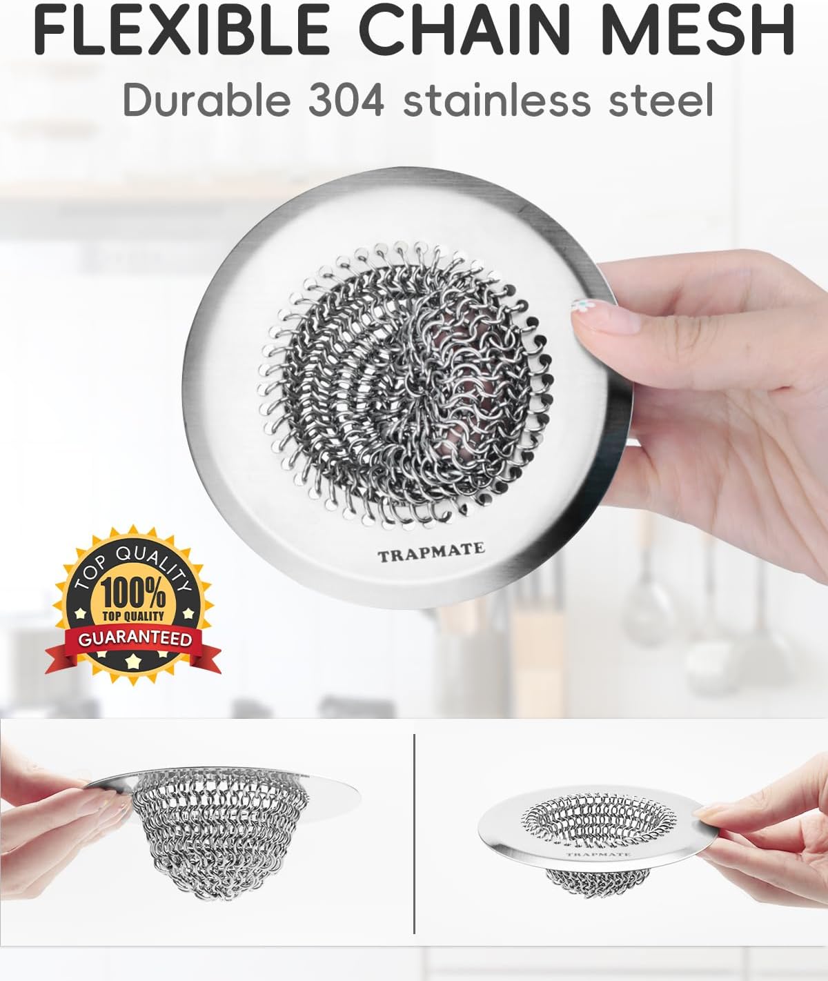 TRAPMATE Kitchen Sink Drain Strainer 304 Stainless Steel Reversible Large Capacity