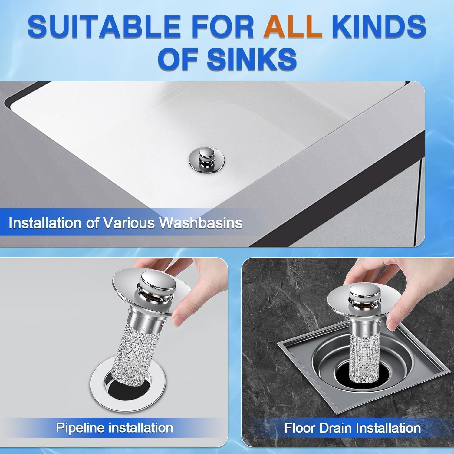 Universal Stainless Steel Bathroom Sink Stopper with Hair Catcher 1