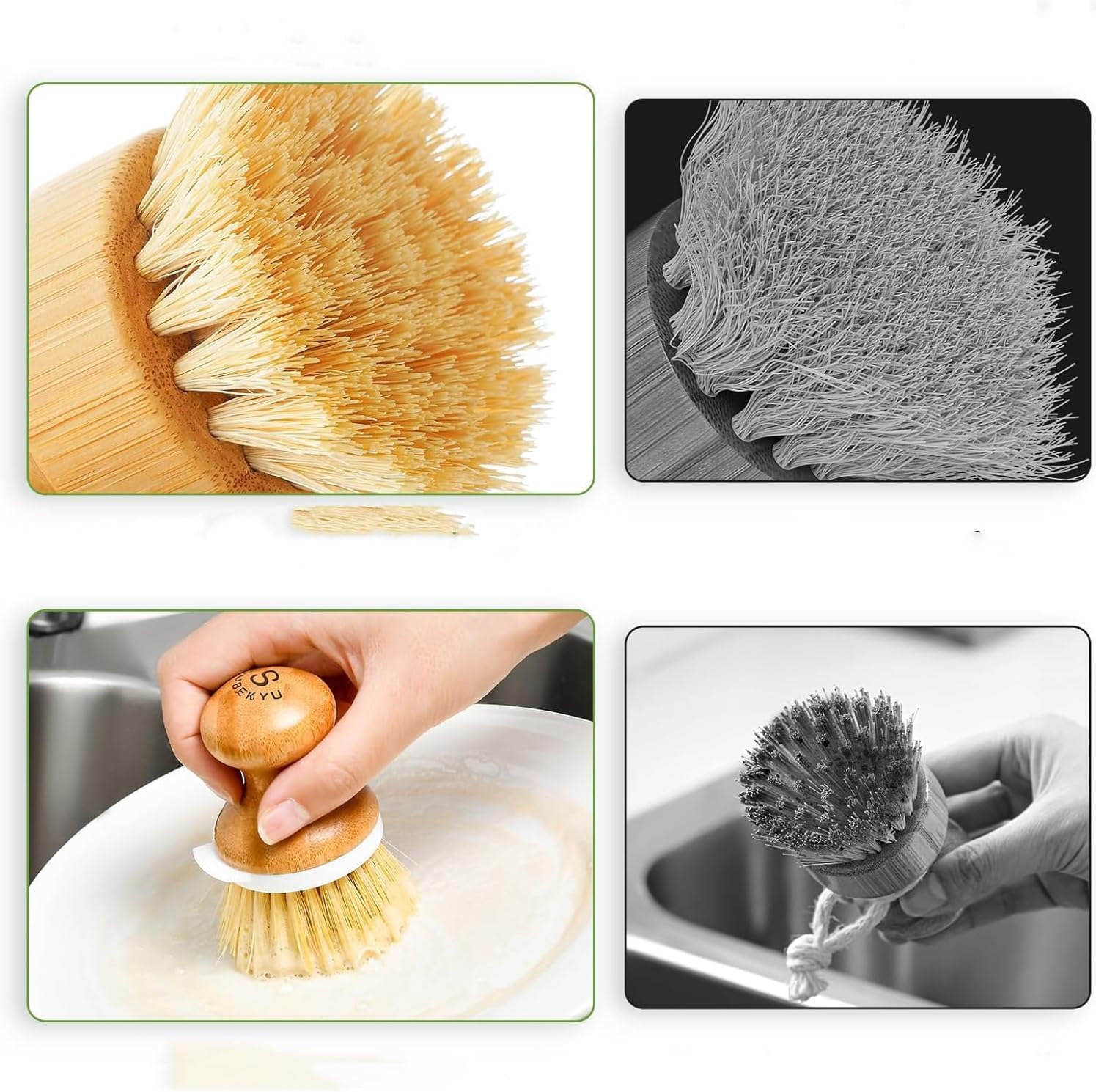 EFAILY Bamboo Dish Brush with Soap Dispenser