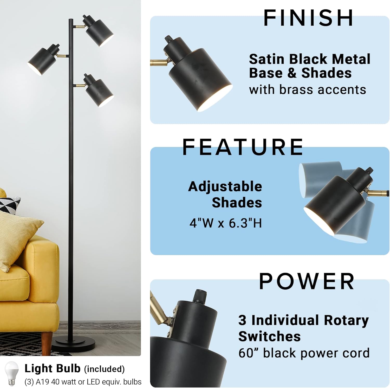 Catalina 23247-001 Modern Floor Lamp 66 Black with Metal Shades