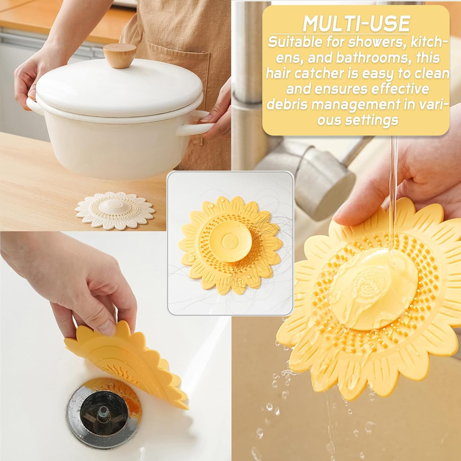 Hair Catcher for Silicone Shower Drains 4 Pack with Sunflower Design
