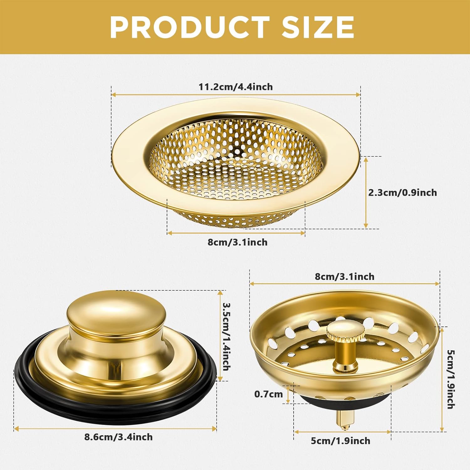 Mudder 3 Pcs Kitchen Sink Drain Strainer Set Light Gold