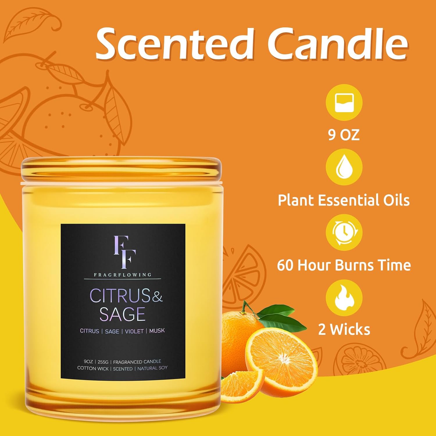 Citrus Sage Scented Candle 9 oz 2-Wick Soy Wax Luxury Aromatherapy Candle
