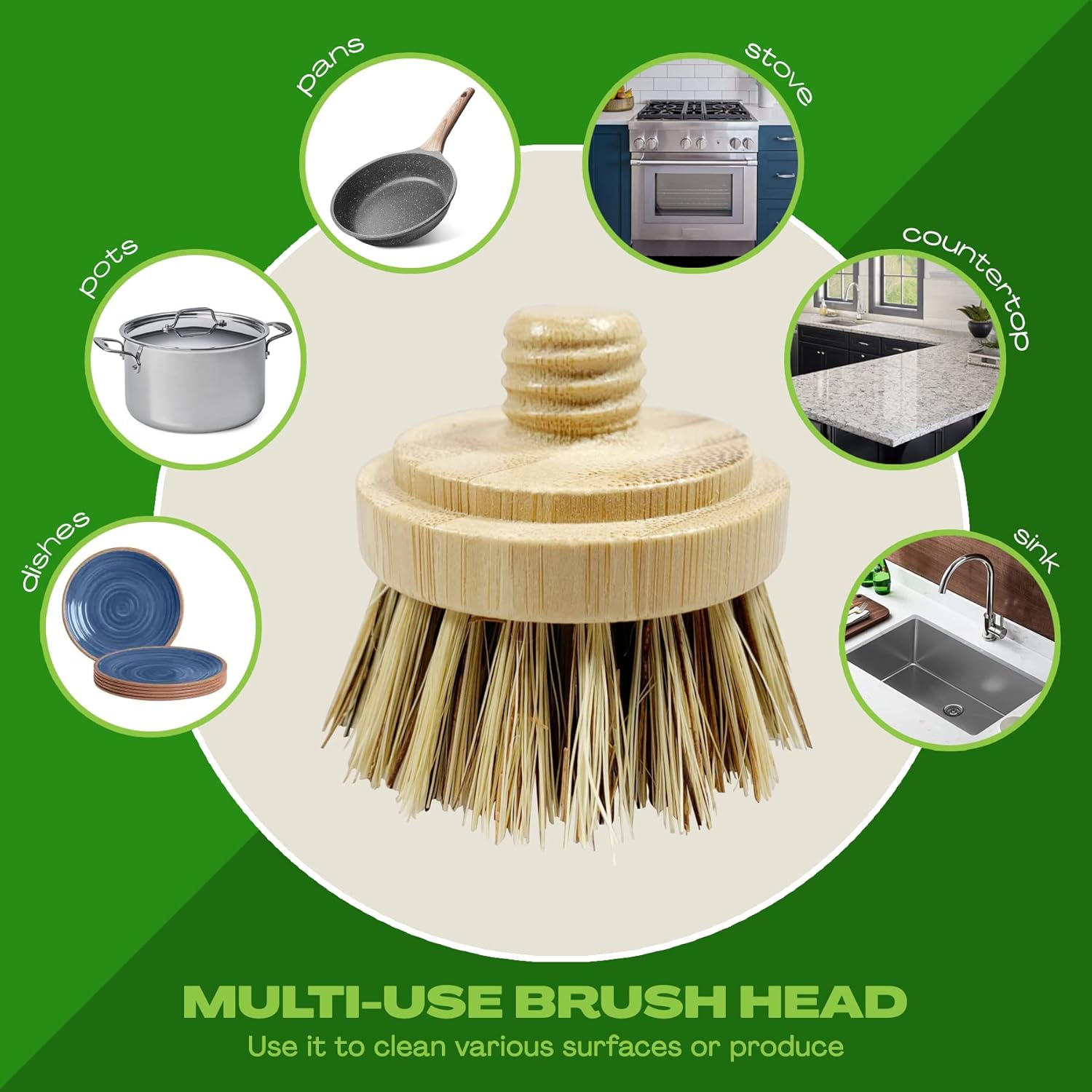 JuneLily Sisal Coconut Dish Brush Heads 2-Pack