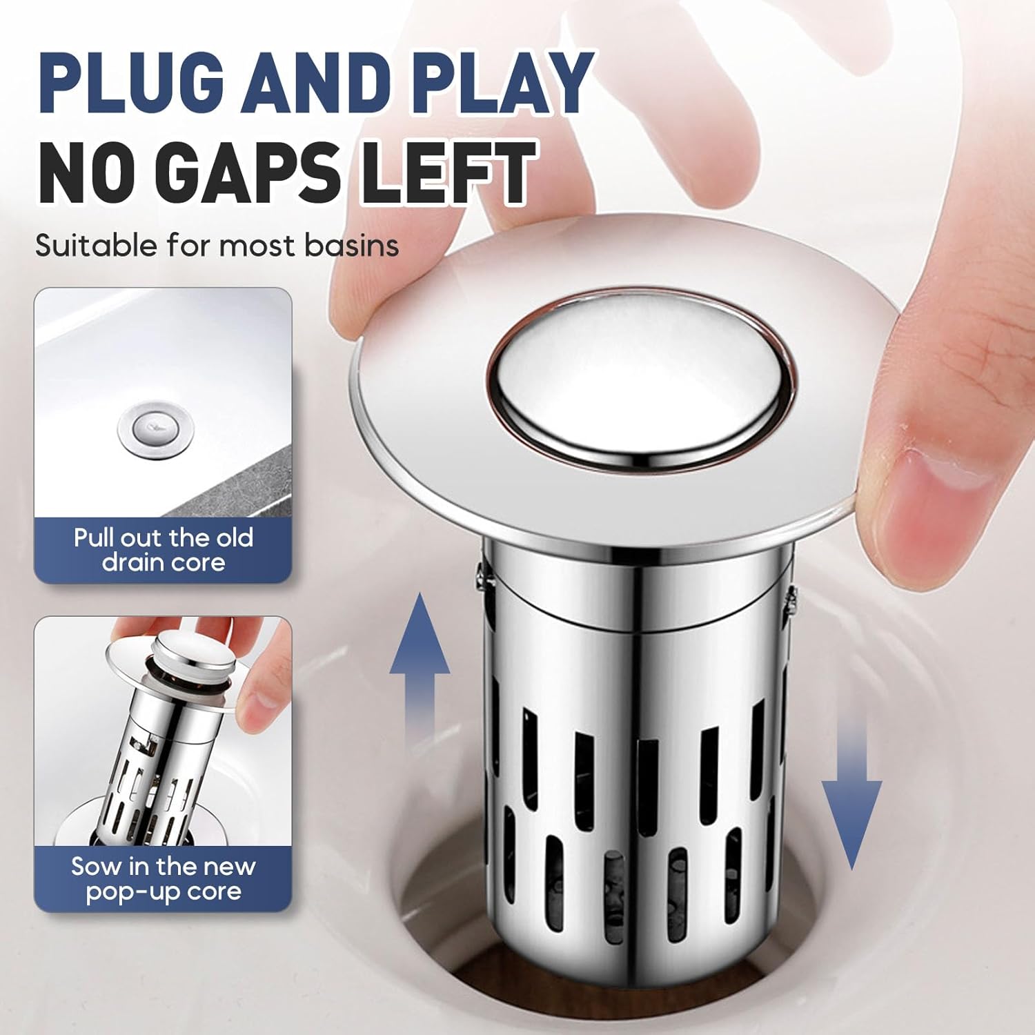 PETUPS Bathroom Sink Drain Strainer with Pop Up Mechanism