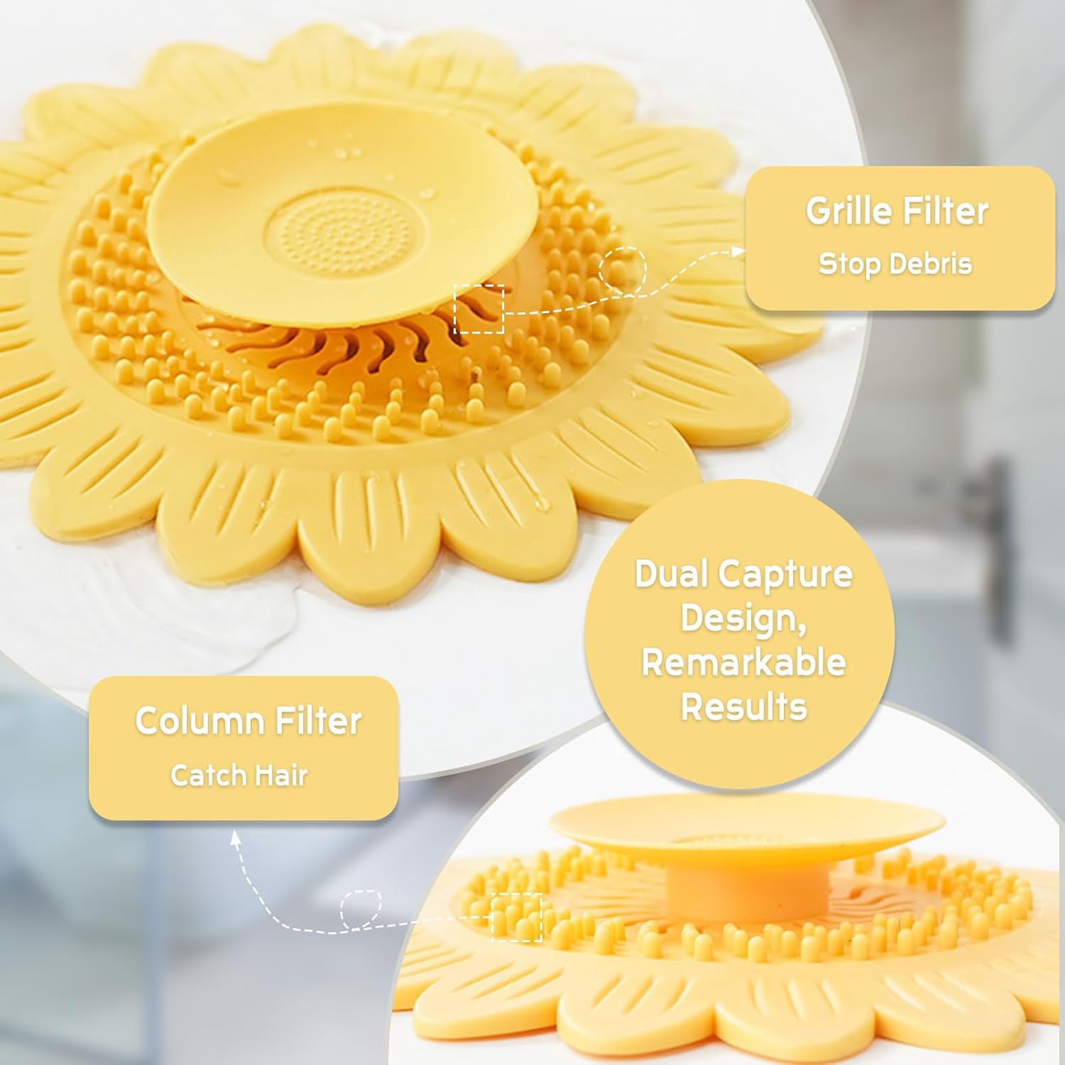 Hair Catcher for Silicone Shower Drains 4 Pack with Sunflower Design