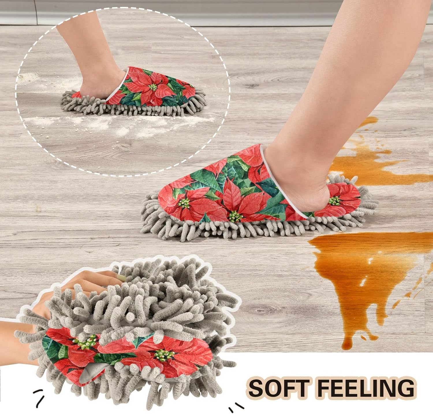 Sinestour Red Flowers Leaves Mop Slippers for Floor Cleaning