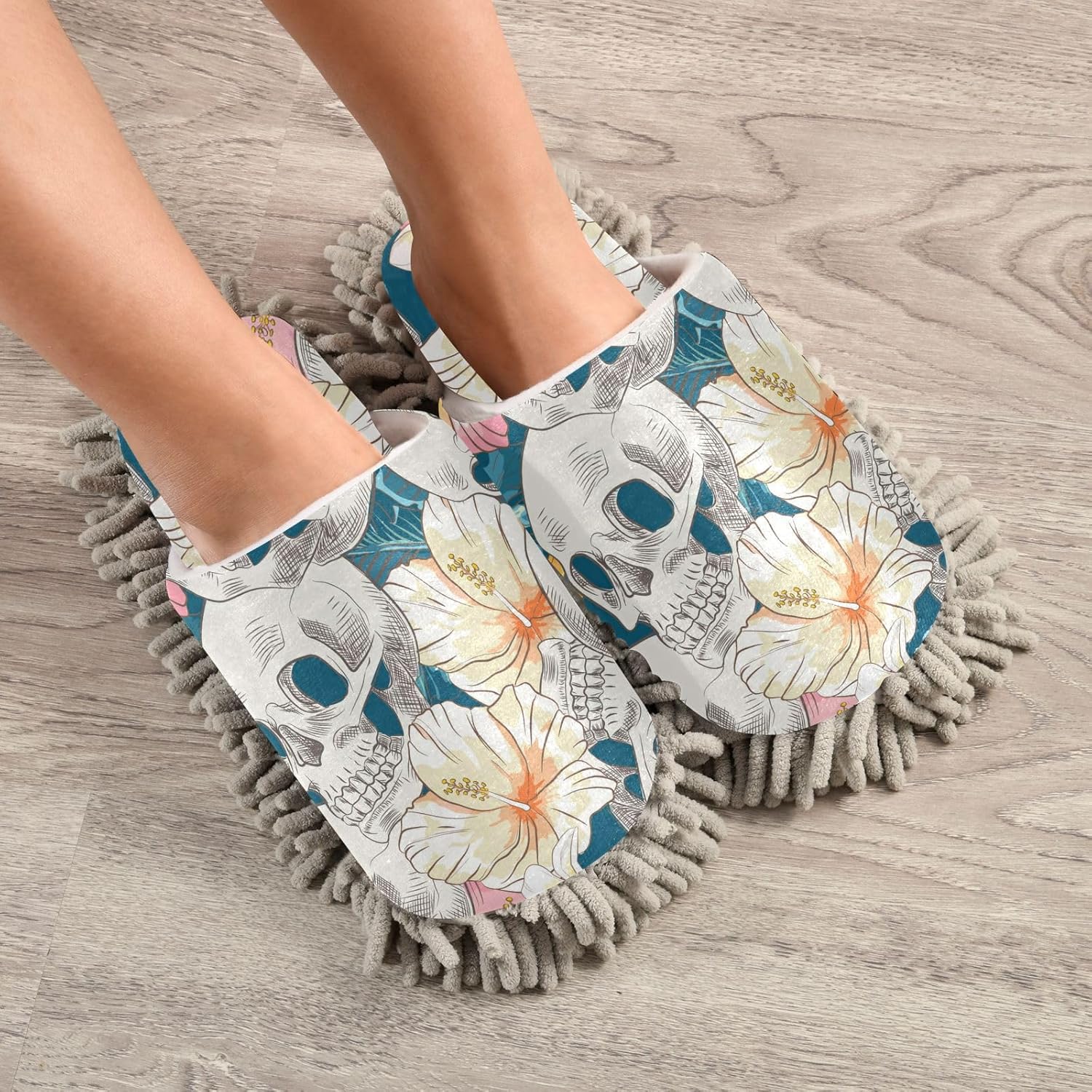 Sinestour Skull Flowers Mop Slippers for Floor Cleaning