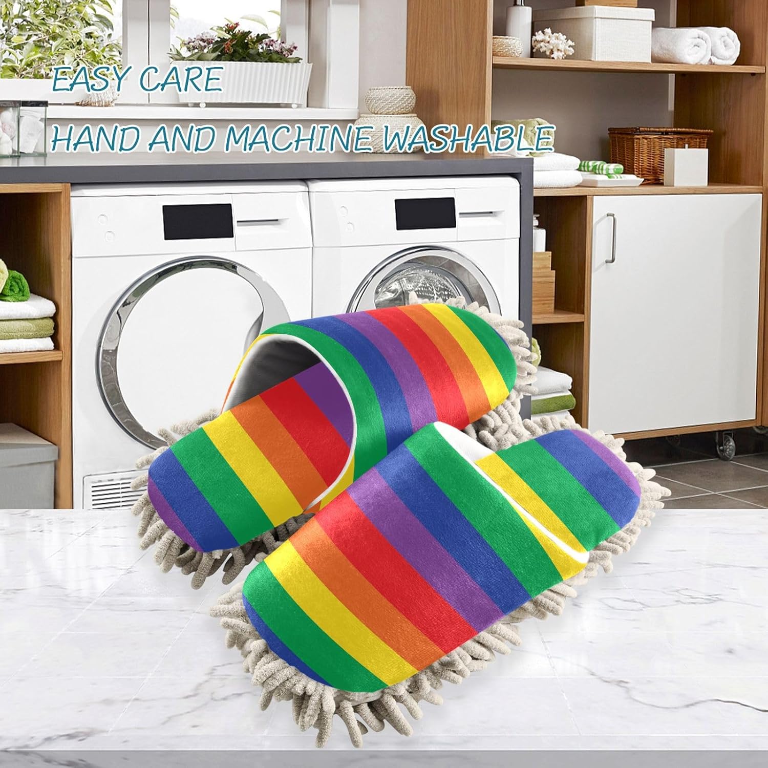 Sinestour Rainbow Striped Mop Slippers for Cleaning