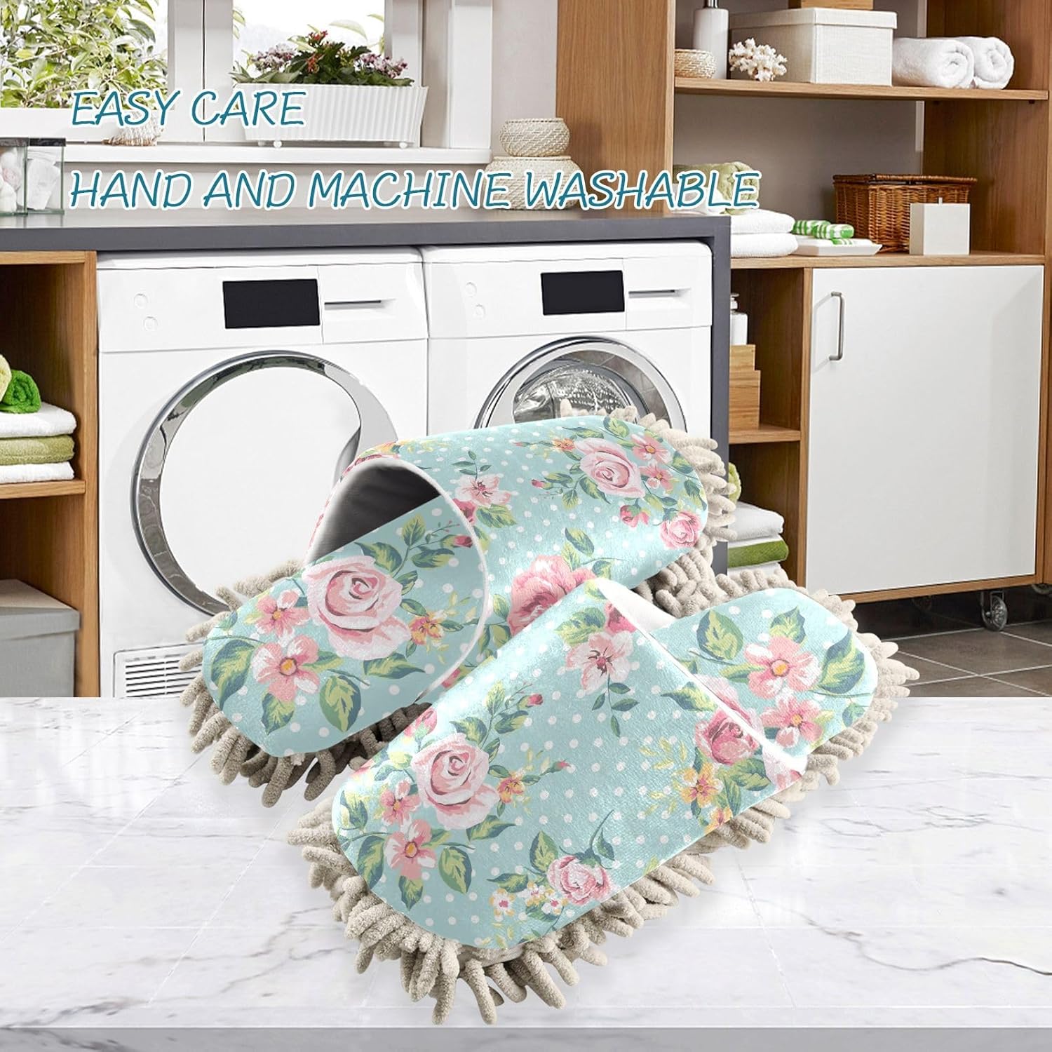 Sinestour Teal Rose Mop Slippers for Floor Cleaning