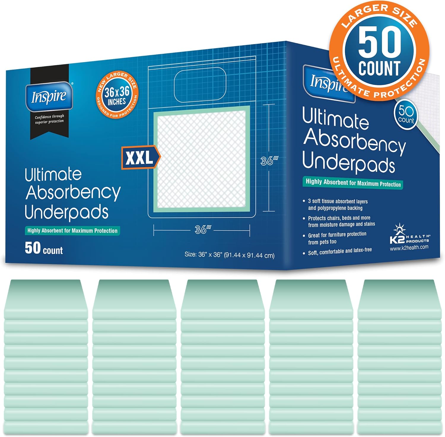 Inspire Extra Large Absorbent Bed Pads for Incontinence 36x36 50-Pack