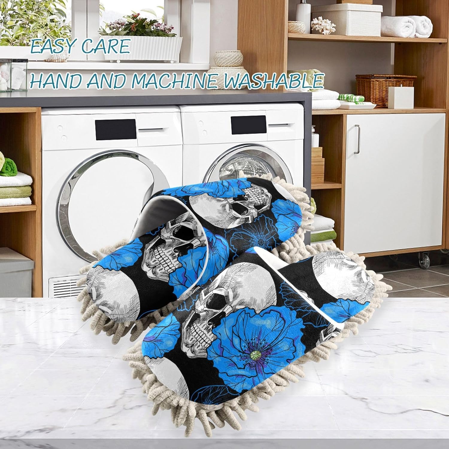 Sinestour Flowers Skull Mop Slippers for Floor Cleaning