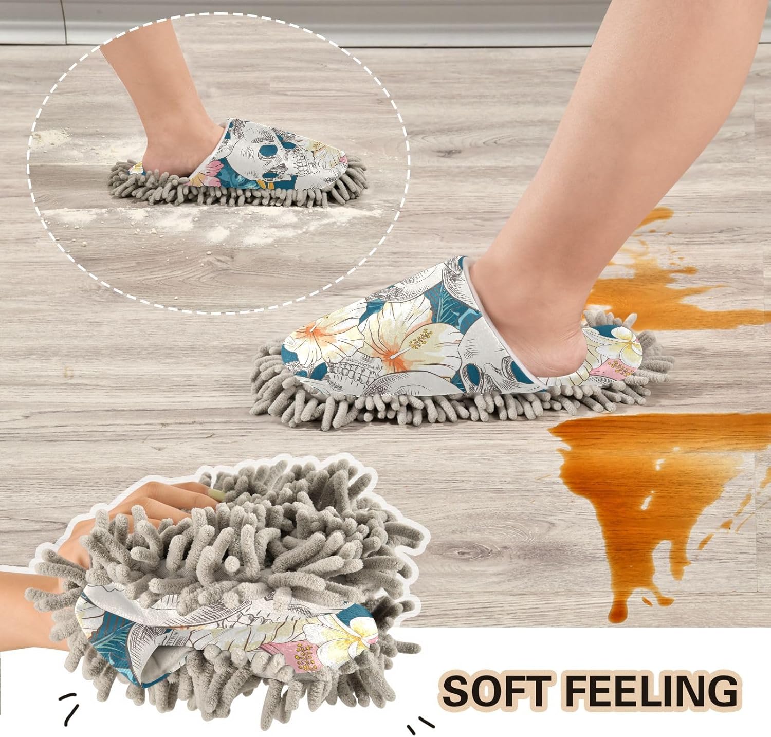 Sinestour Skull Flowers Mop Slippers for Floor Cleaning