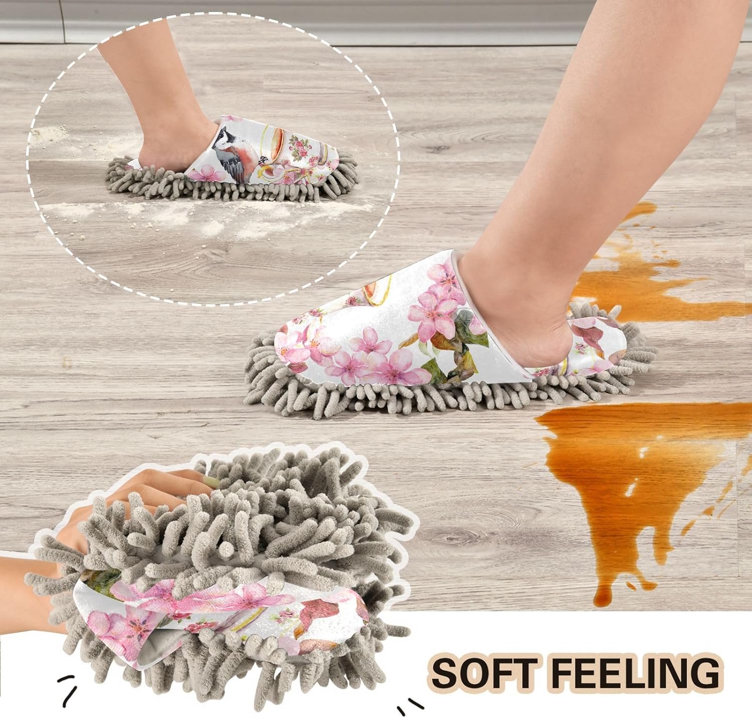 Sinestour Bird Flowers Pink Mop Slippers for Floor Cleaning