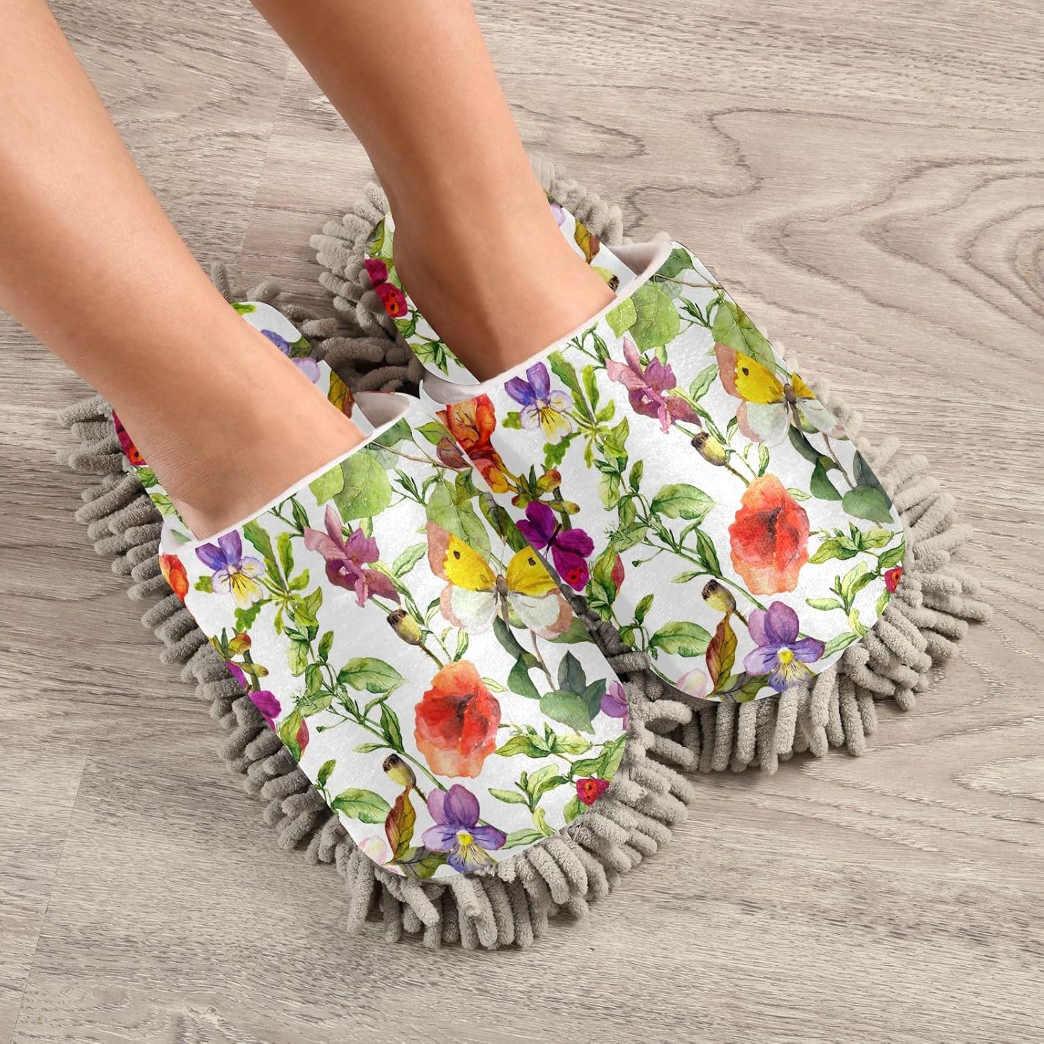 Sinestour Flowers Butterfly Mop Slippers for Floor Cleaning