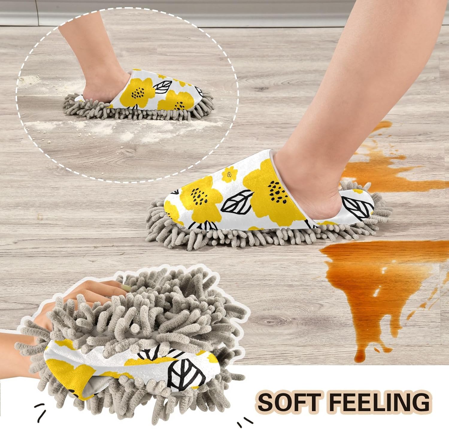 Sinestour Yellow Flower Leaves Mop Slippers for Floor Cleaning