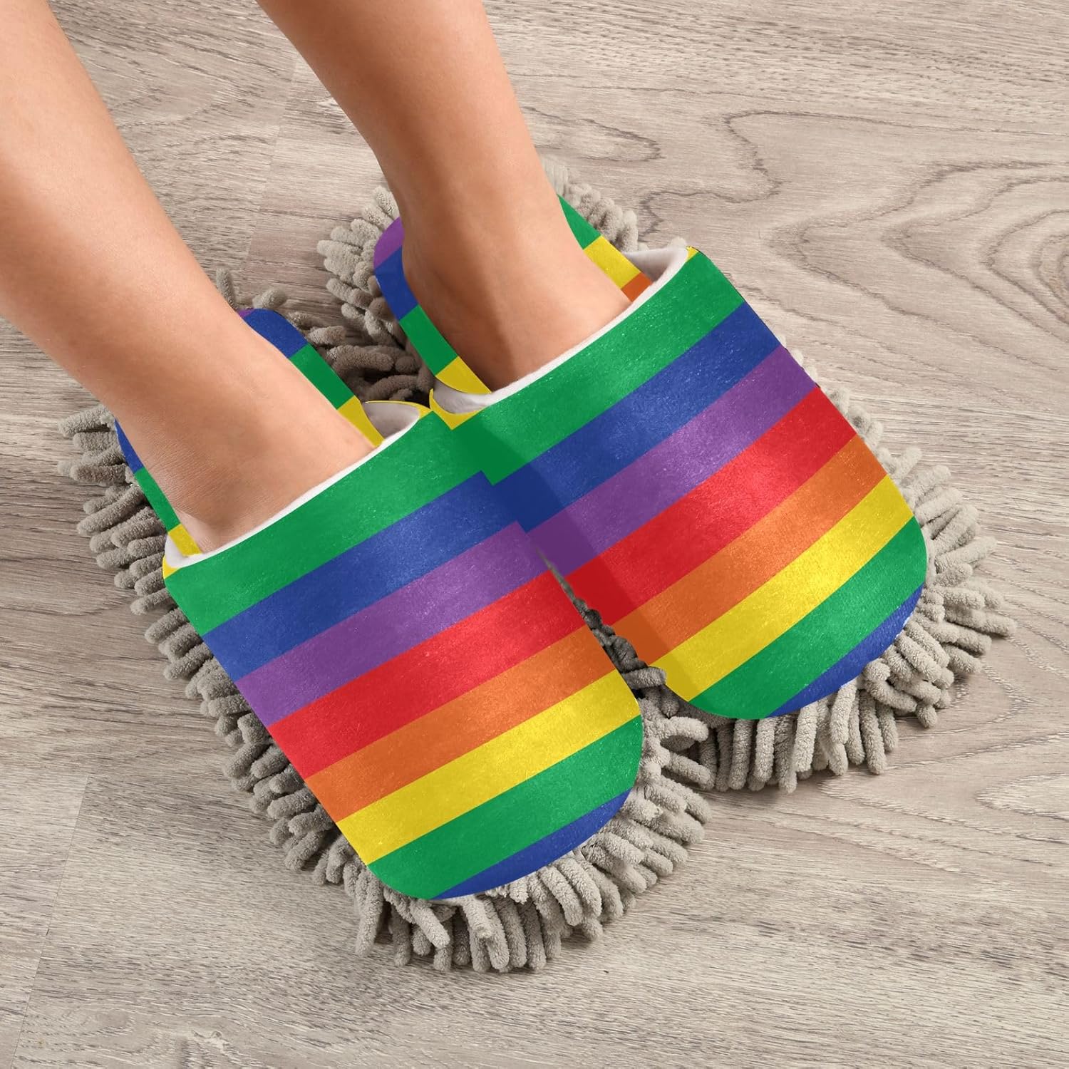 Sinestour Rainbow Striped Mop Slippers for Cleaning