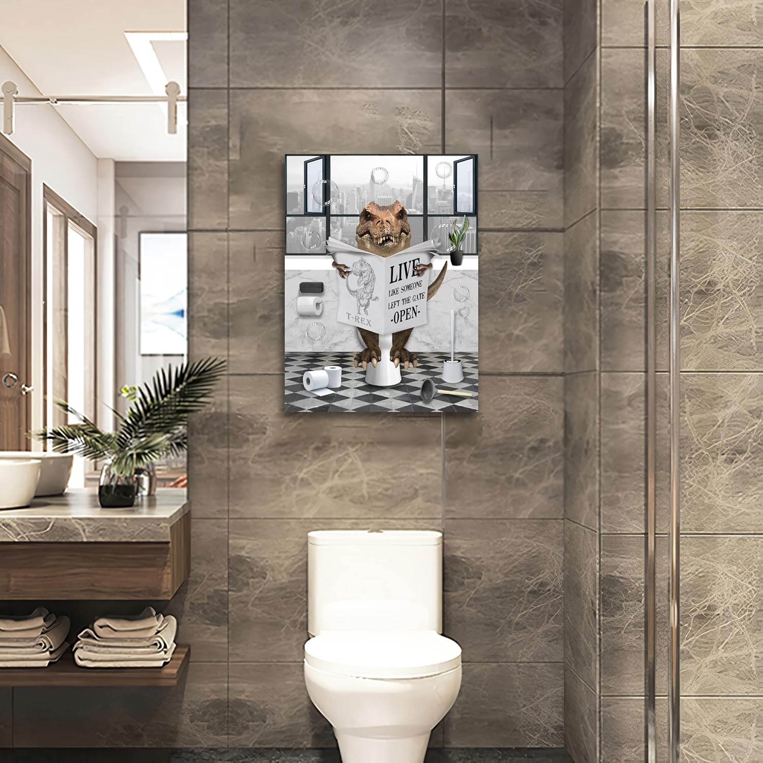Funny Dinosaur Toilet Reading Newspaper Wall Art 12x16 Framed