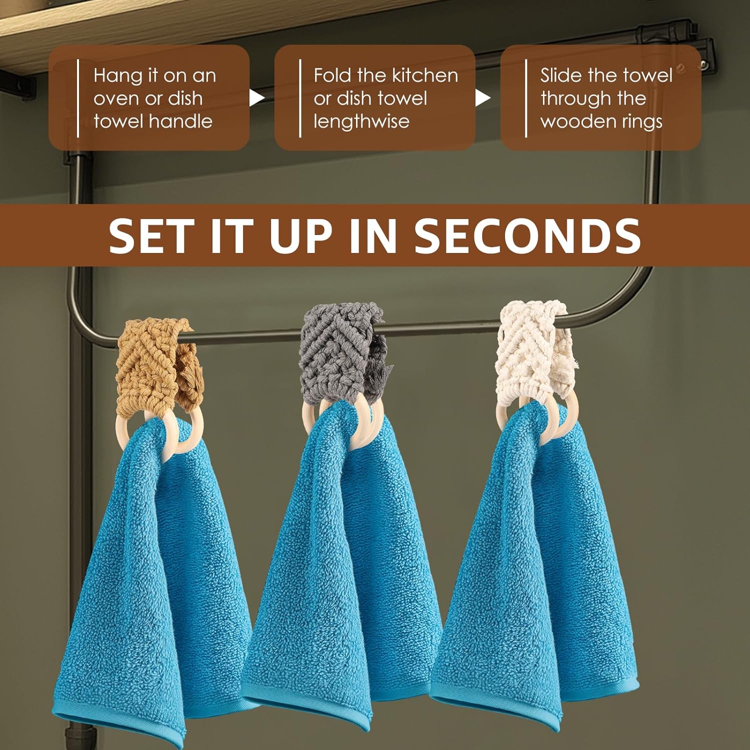 3Pcs Crochet Dish Towel Holder with Wooden Loops