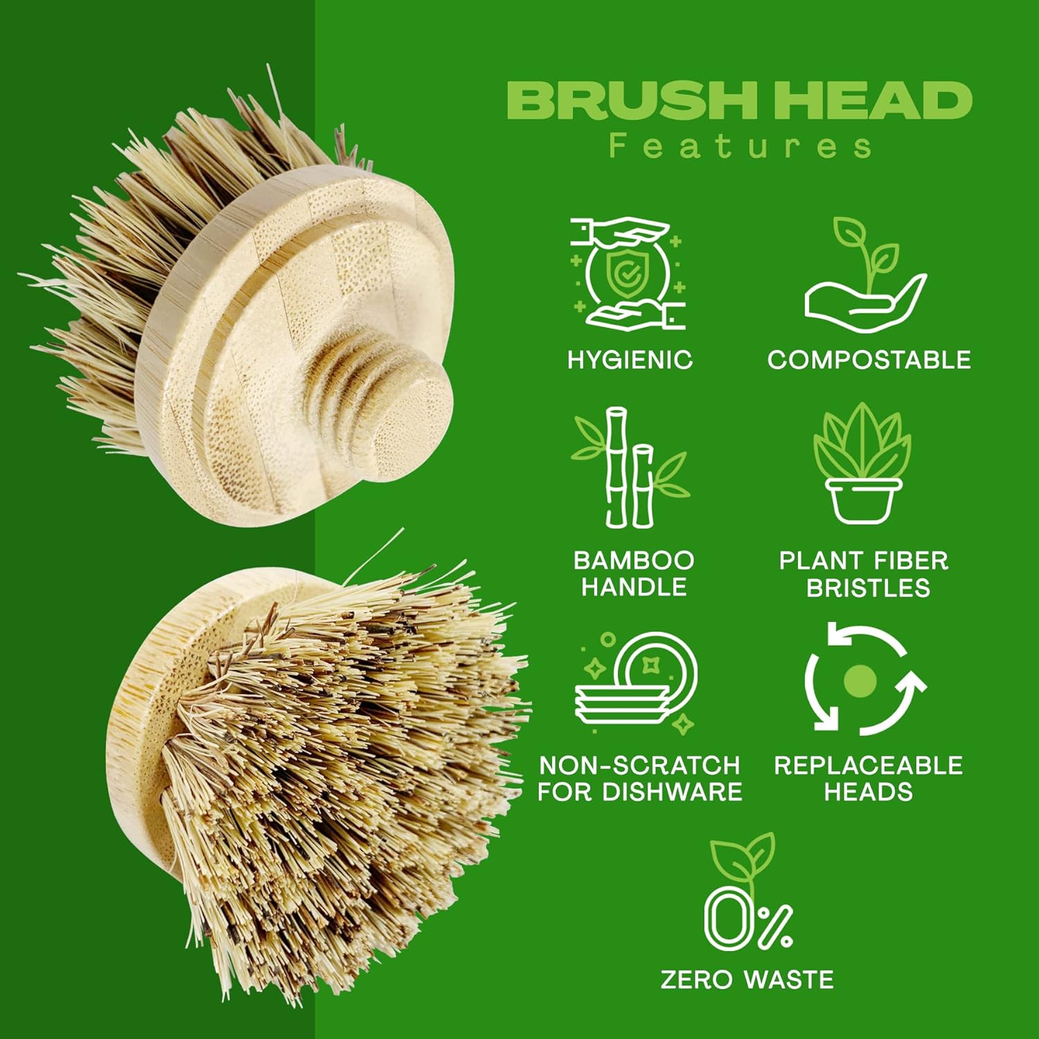 JuneLily Sisal Coconut Dish Brush Heads 2-Pack