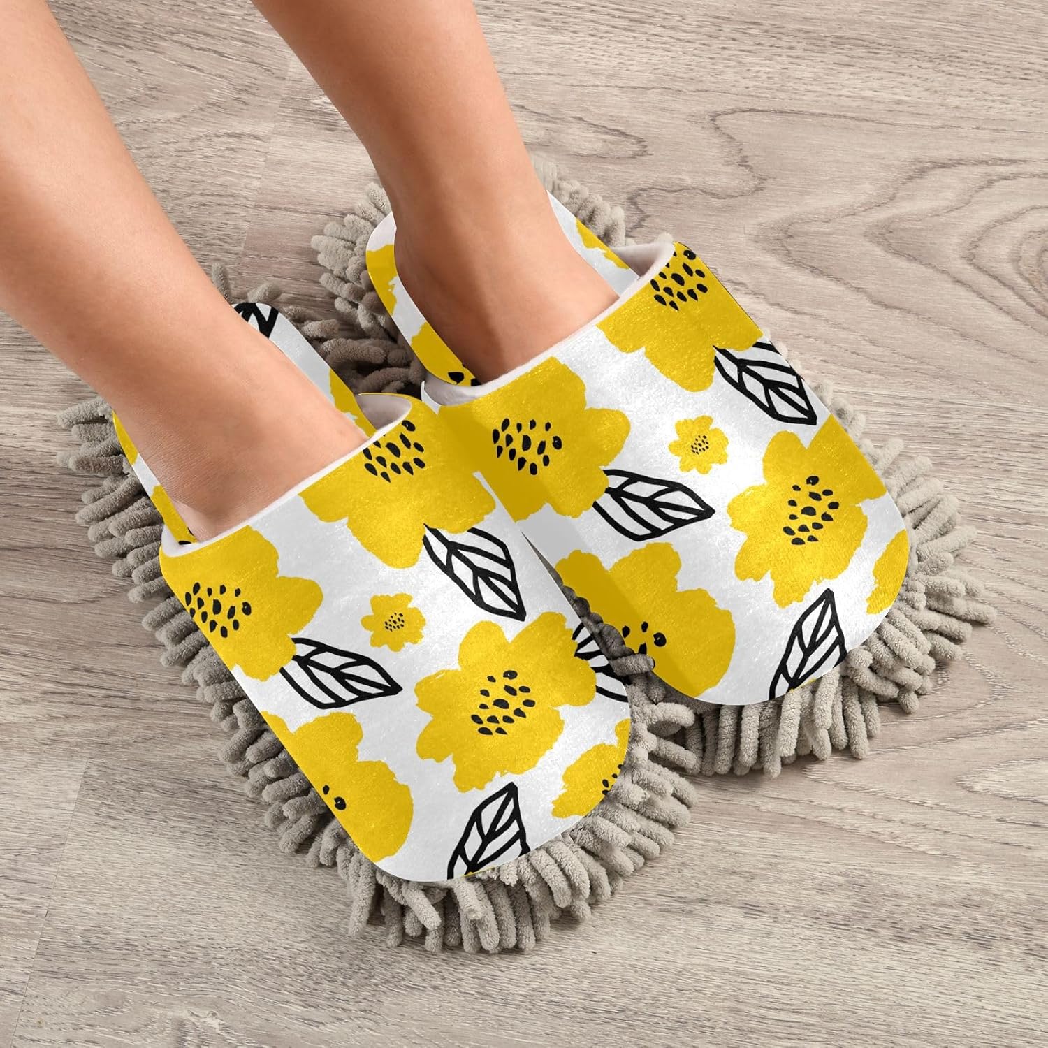 Sinestour Yellow Flower Leaves Mop Slippers for Floor Cleaning
