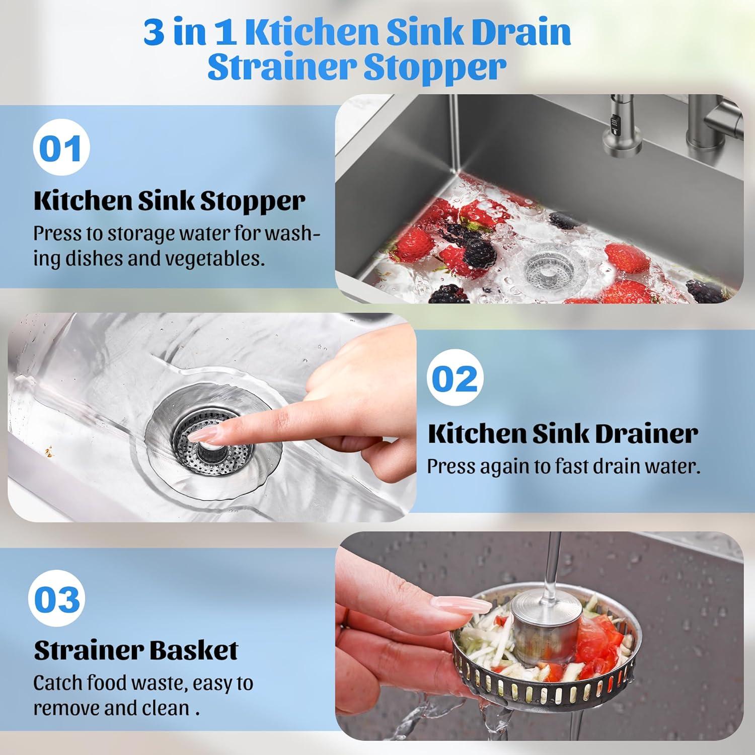 NinjaTiger 3-in-1 Sink Strainer Stopper 2-Pack