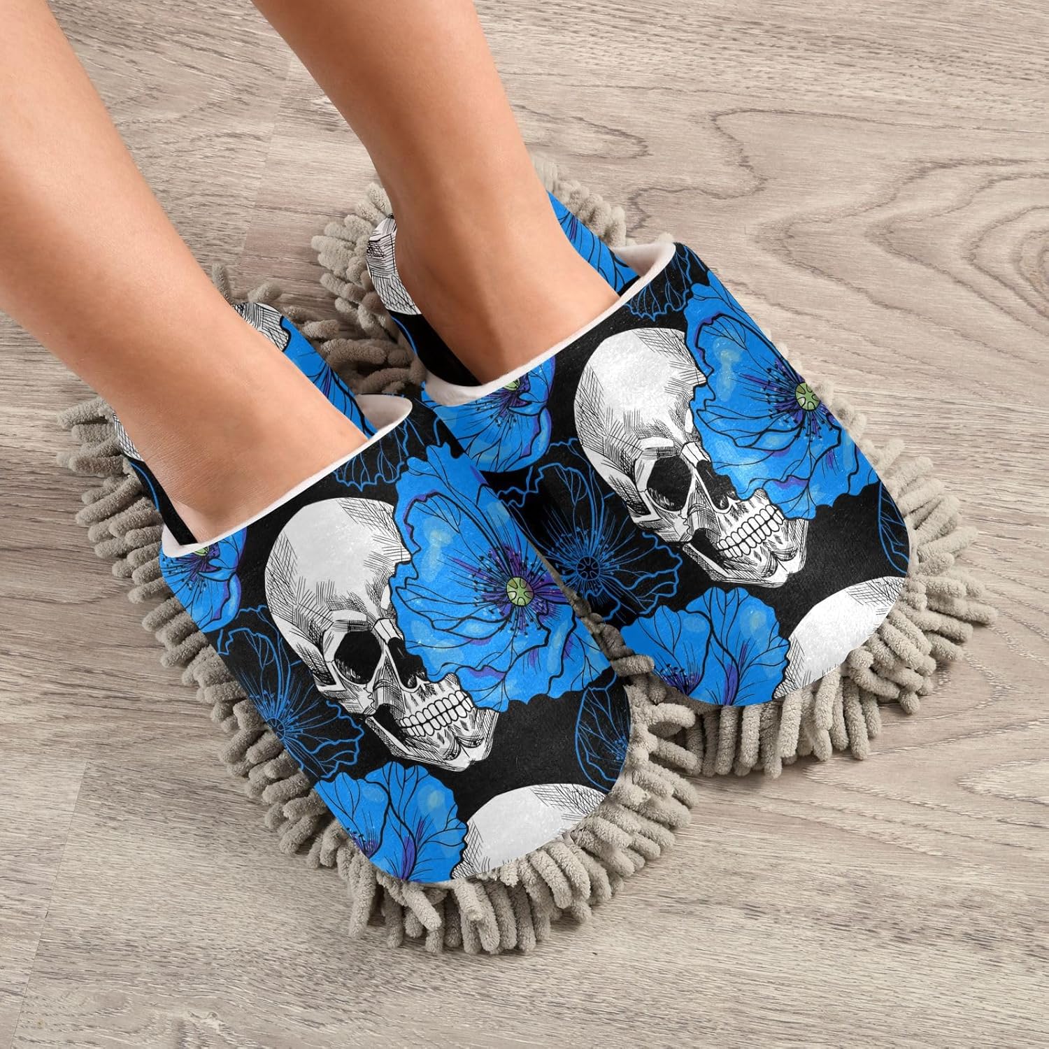 Sinestour Flowers Skull Mop Slippers for Floor Cleaning