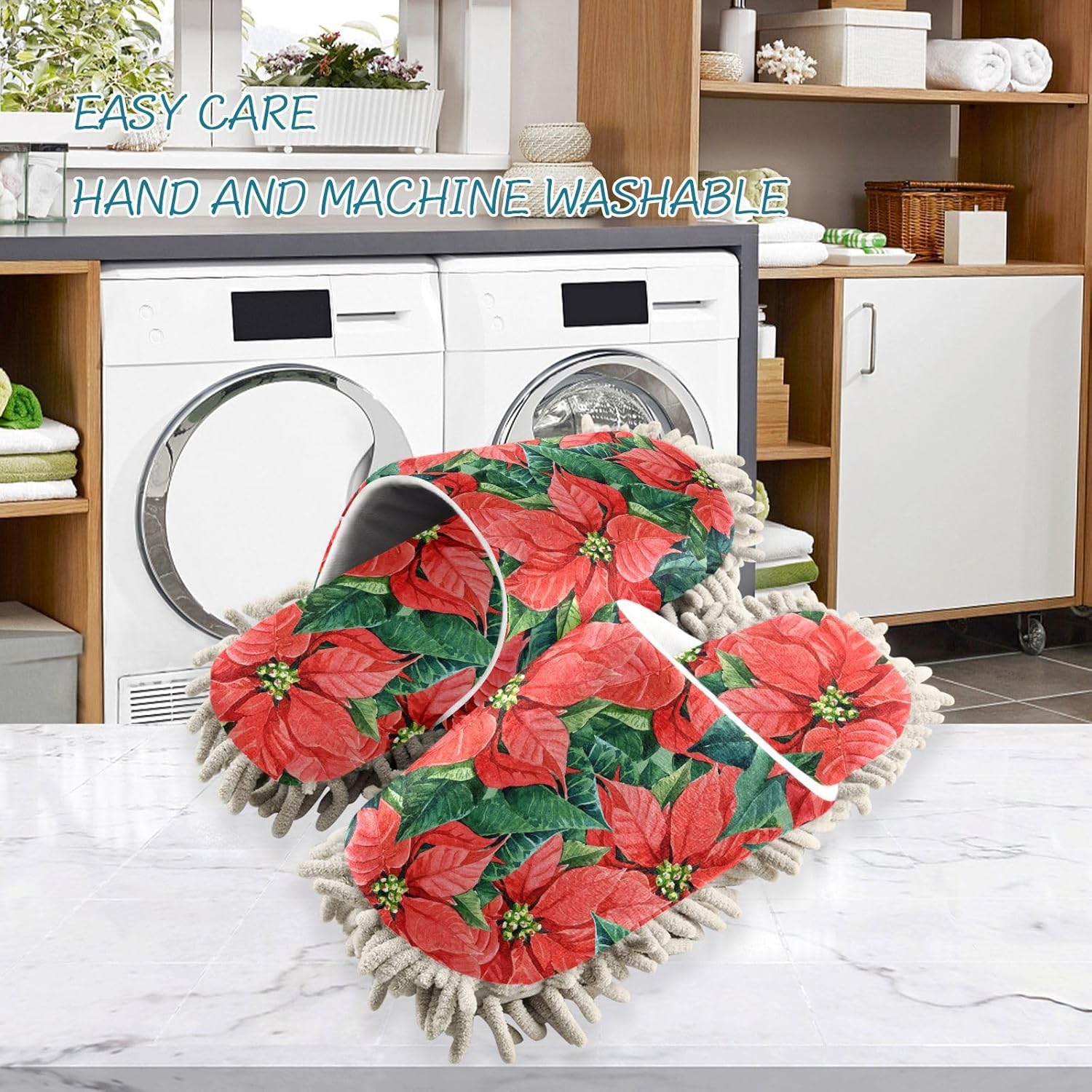 Sinestour Red Flowers Leaves Mop Slippers for Floor Cleaning