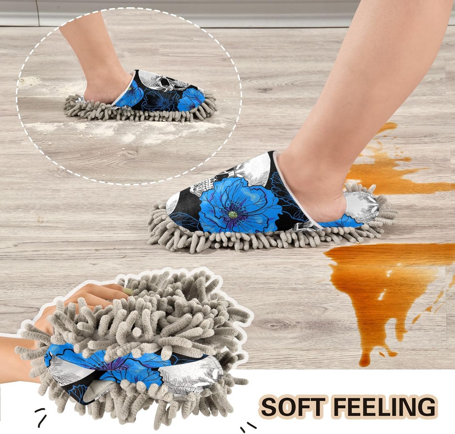 Sinestour Flowers Skull Mop Slippers for Floor Cleaning