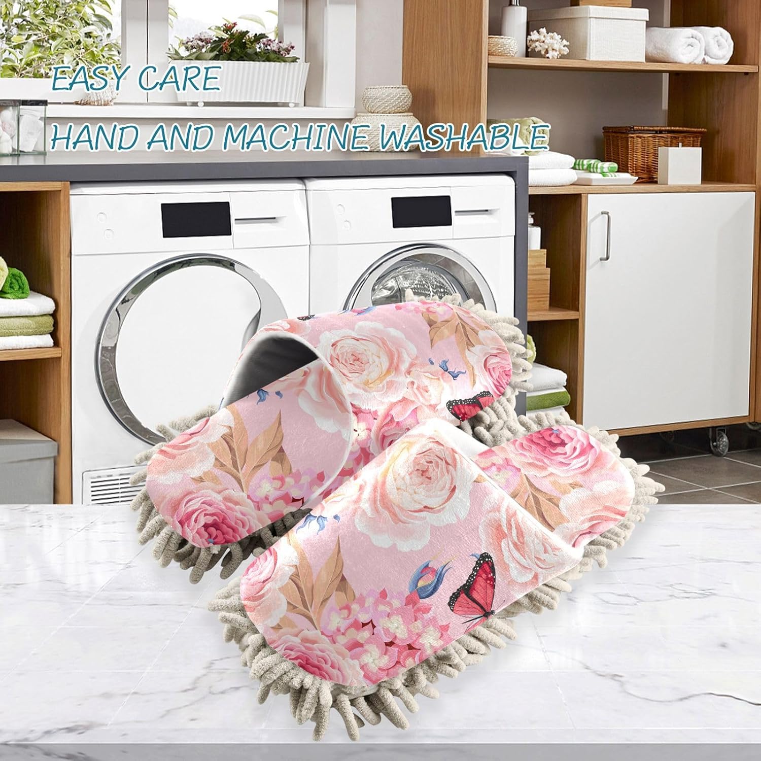 Sinestour Roses Hydrangea Mop Slippers for Floor Cleaning 1