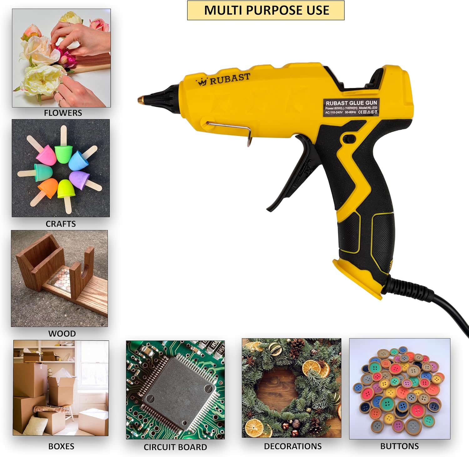 RUBAST Heavy Duty Hot Glue Gun with 60100W Dual Power and 2 Nozzles