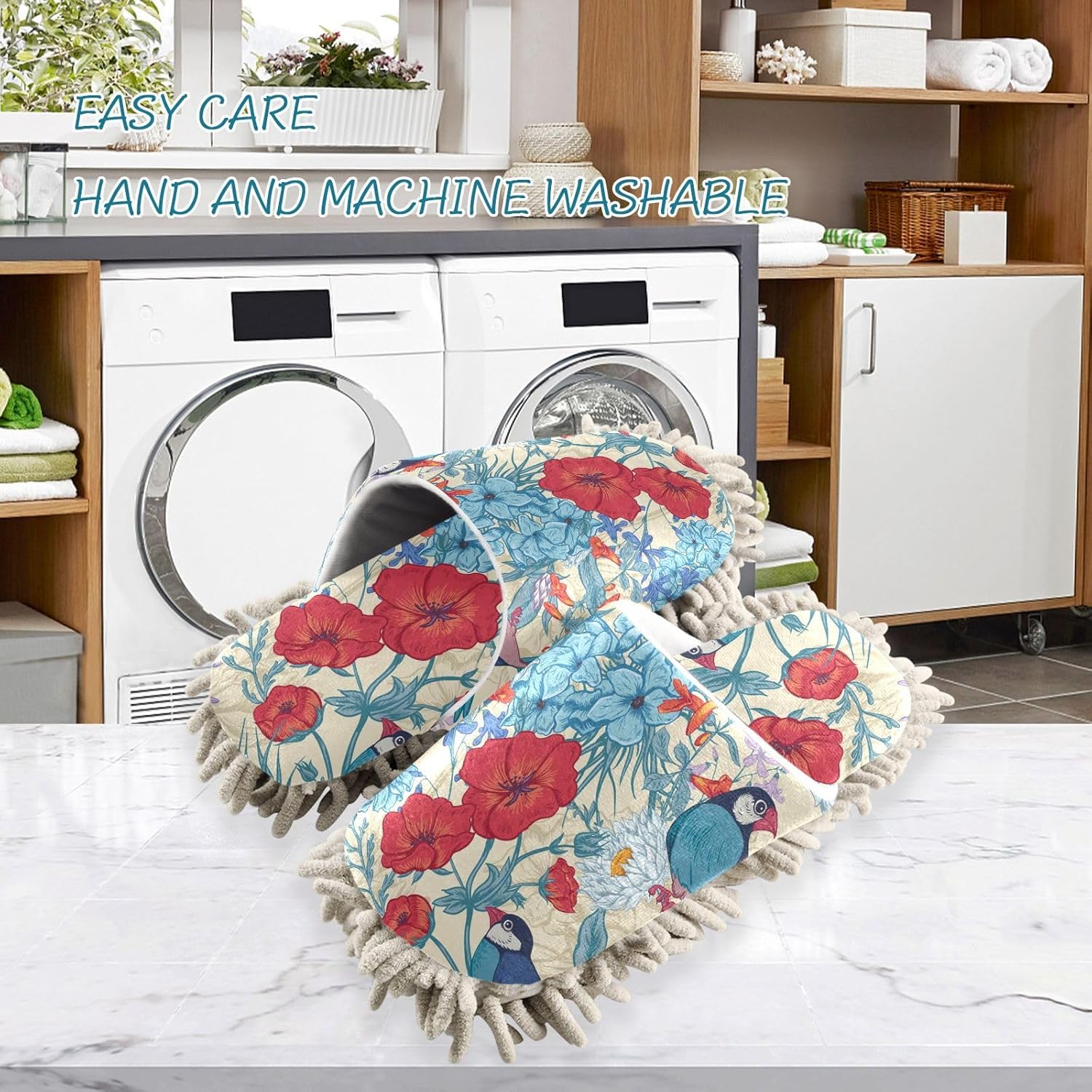 Sinestour Flower Birds Leaves Microfiber Mop Slippers
