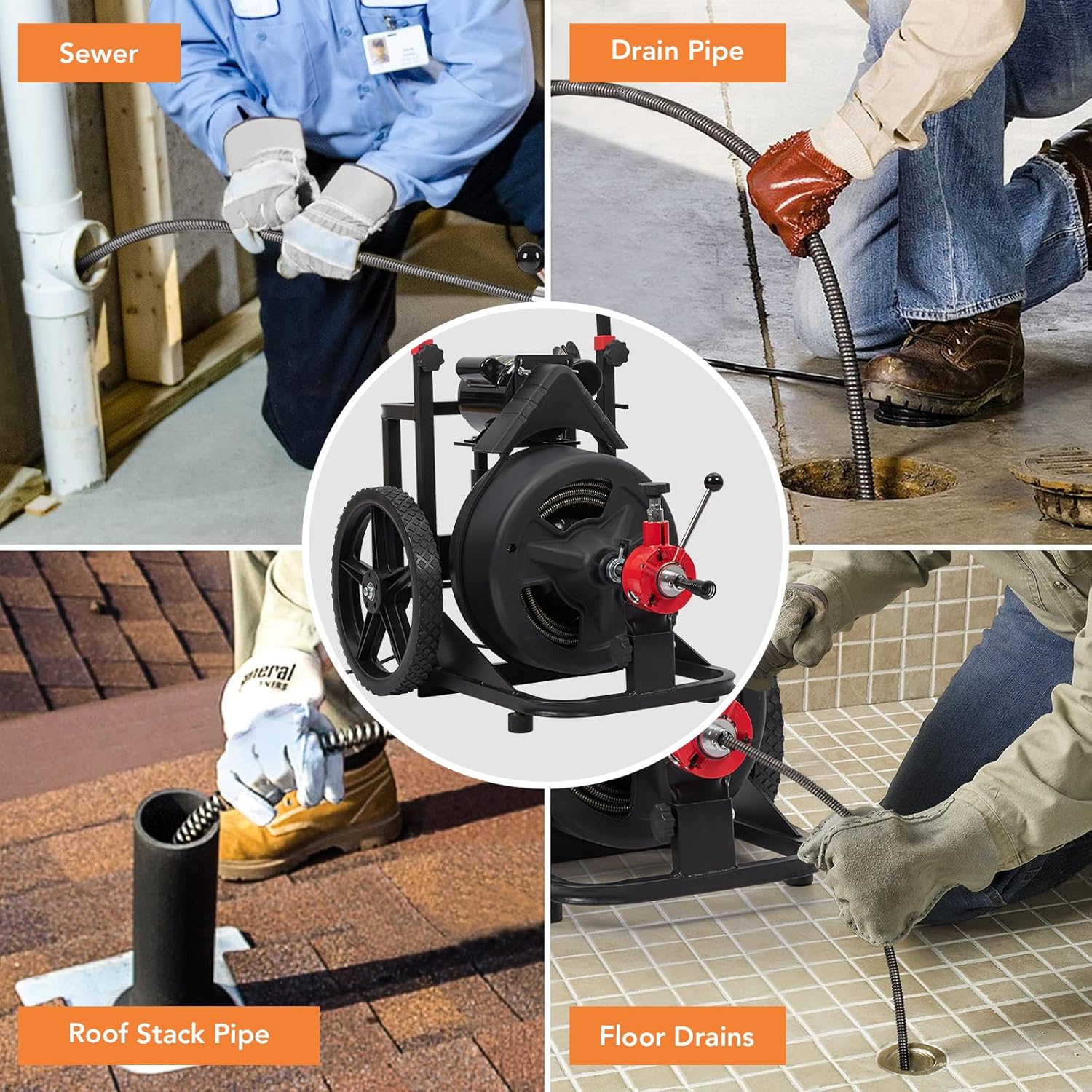 PioneerWorks 100Ft Drain Cleaner with 6 Cutters and Auto-feed Function