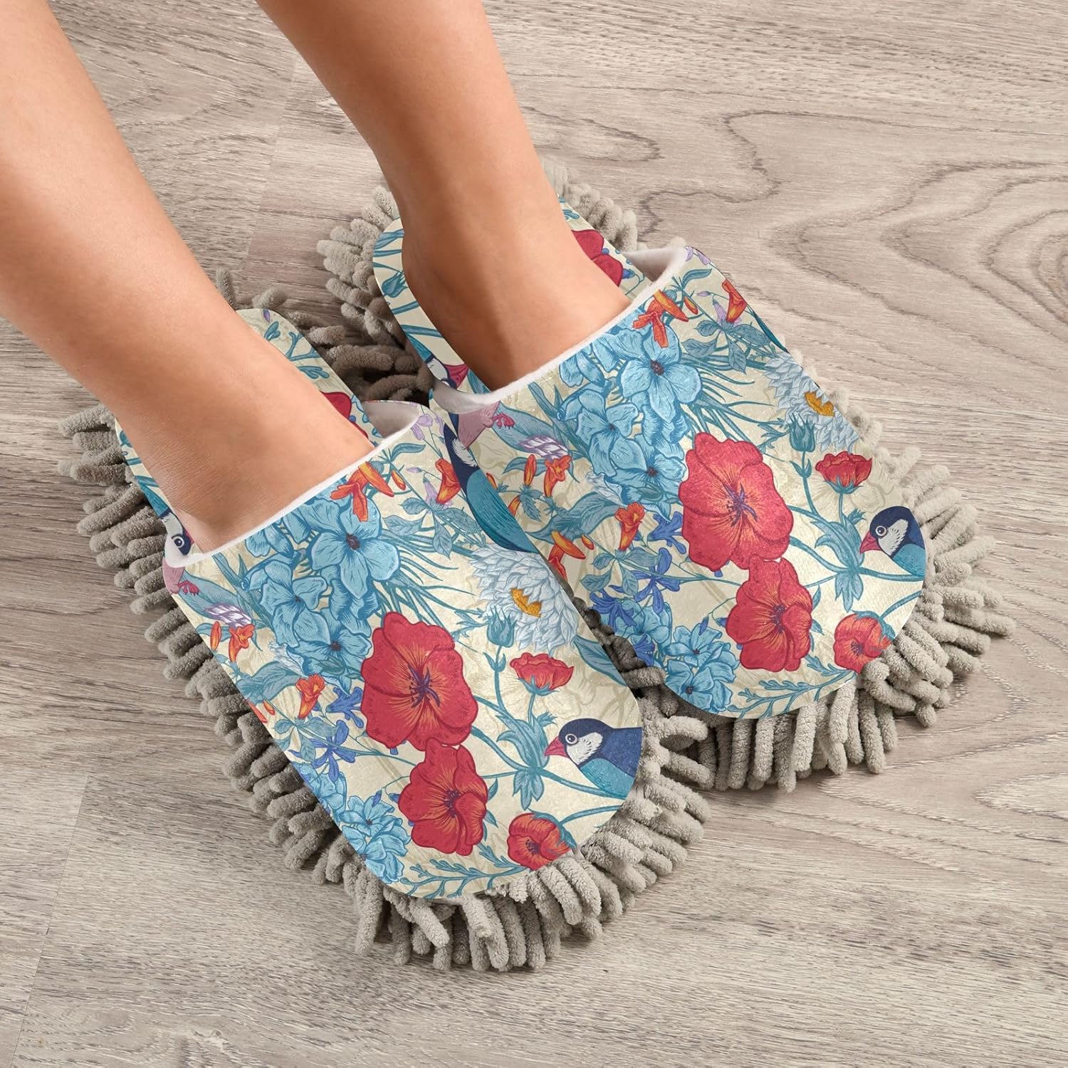 Sinestour Flower Birds Leaves Microfiber Mop Slippers