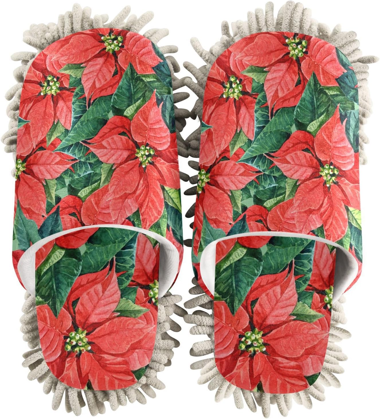 Sinestour Red Flowers Leaves Mop Slippers for Floor Cleaning
