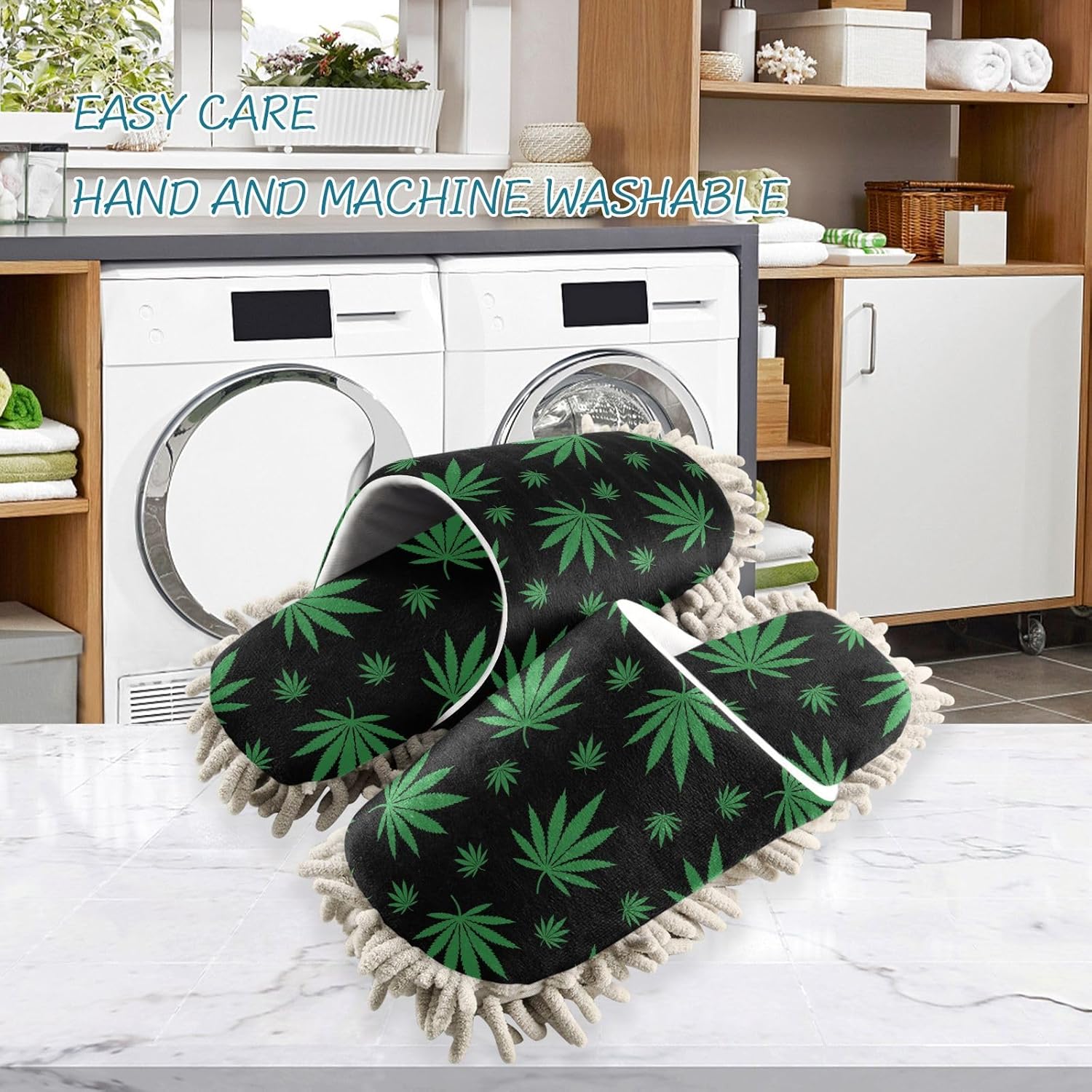 Sinestour Black Green Leaves Mop Slippers Cleaning Tool