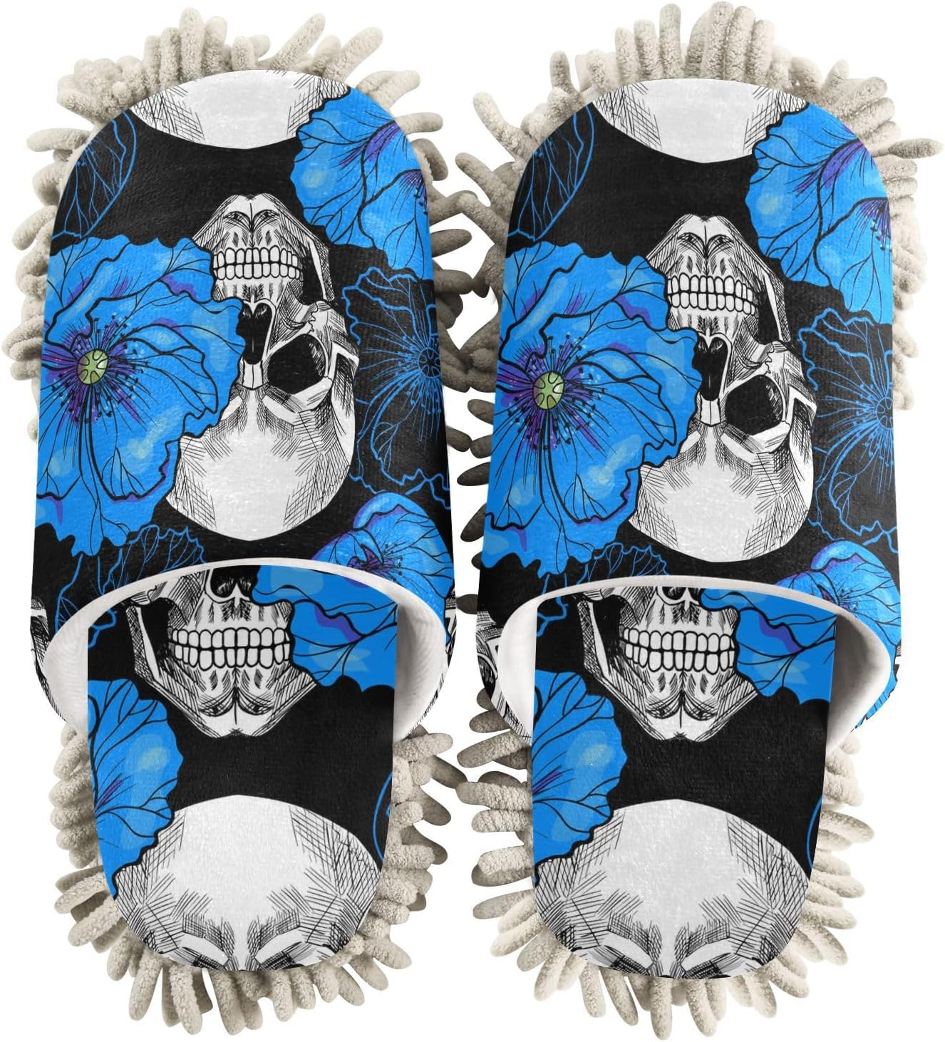 Sinestour Flowers Skull Mop Slippers for Floor Cleaning