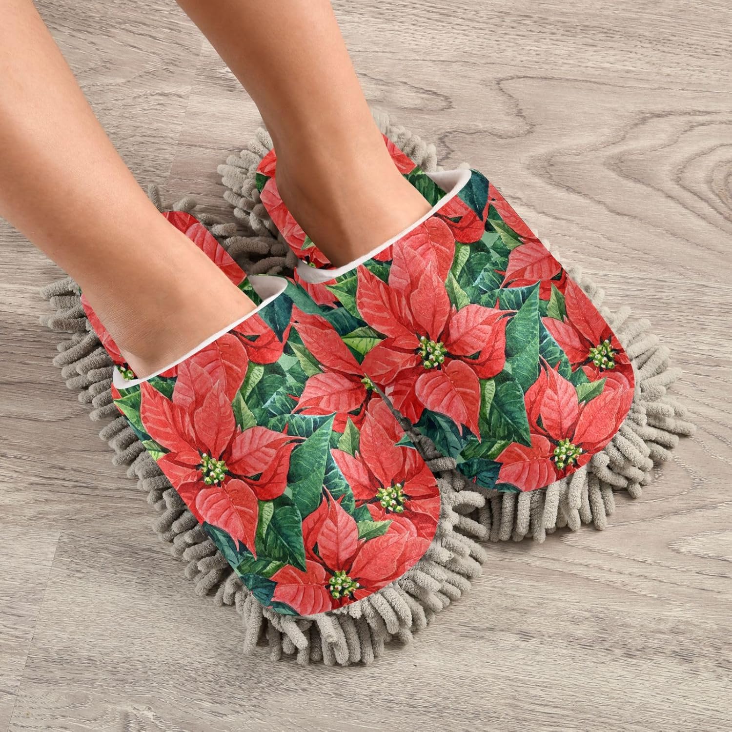 Sinestour Red Flowers Leaves Mop Slippers for Floor Cleaning