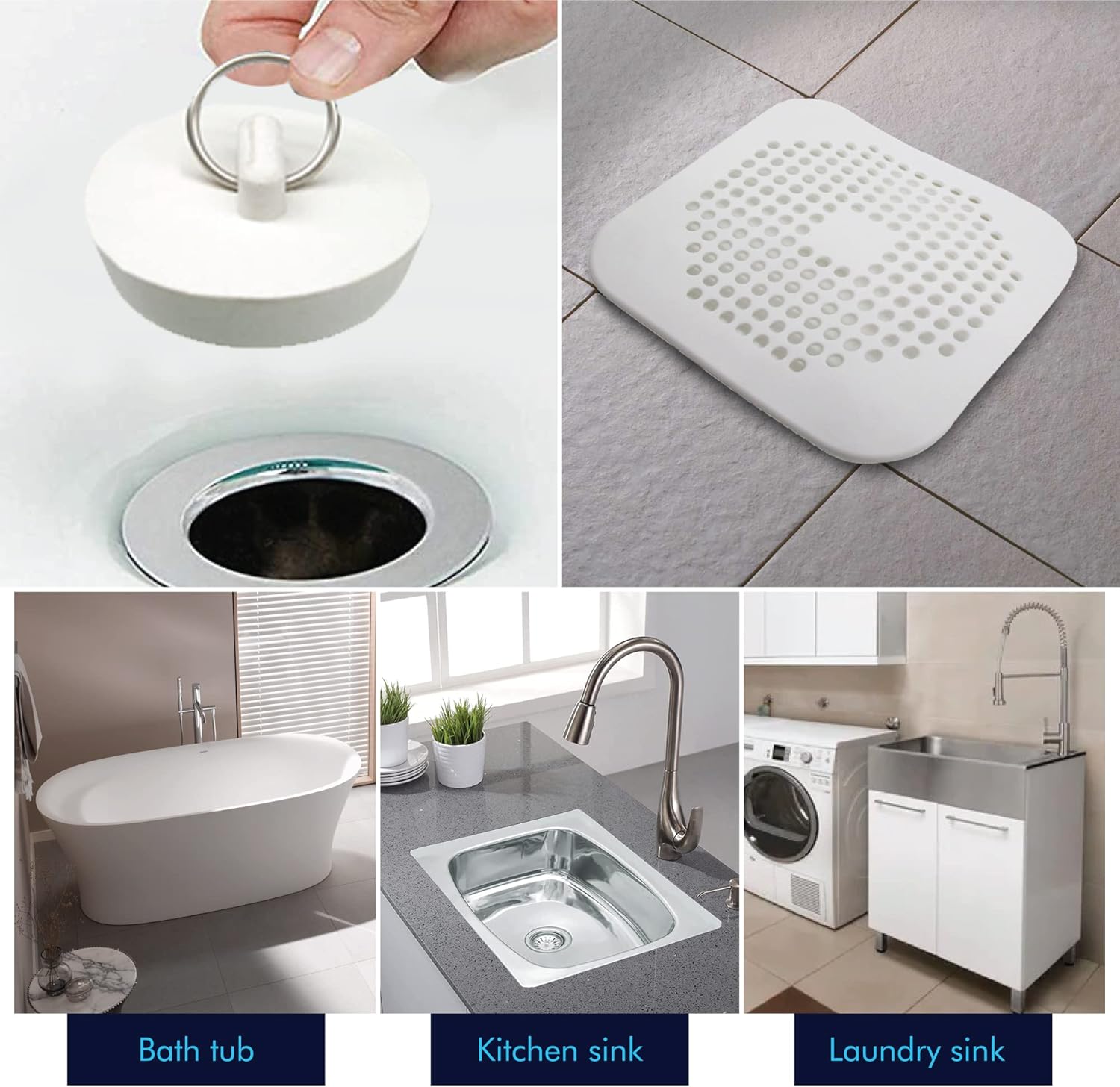 6 Pack Drain Cover - 2 Silicone Hair 4 Rubber Stopper