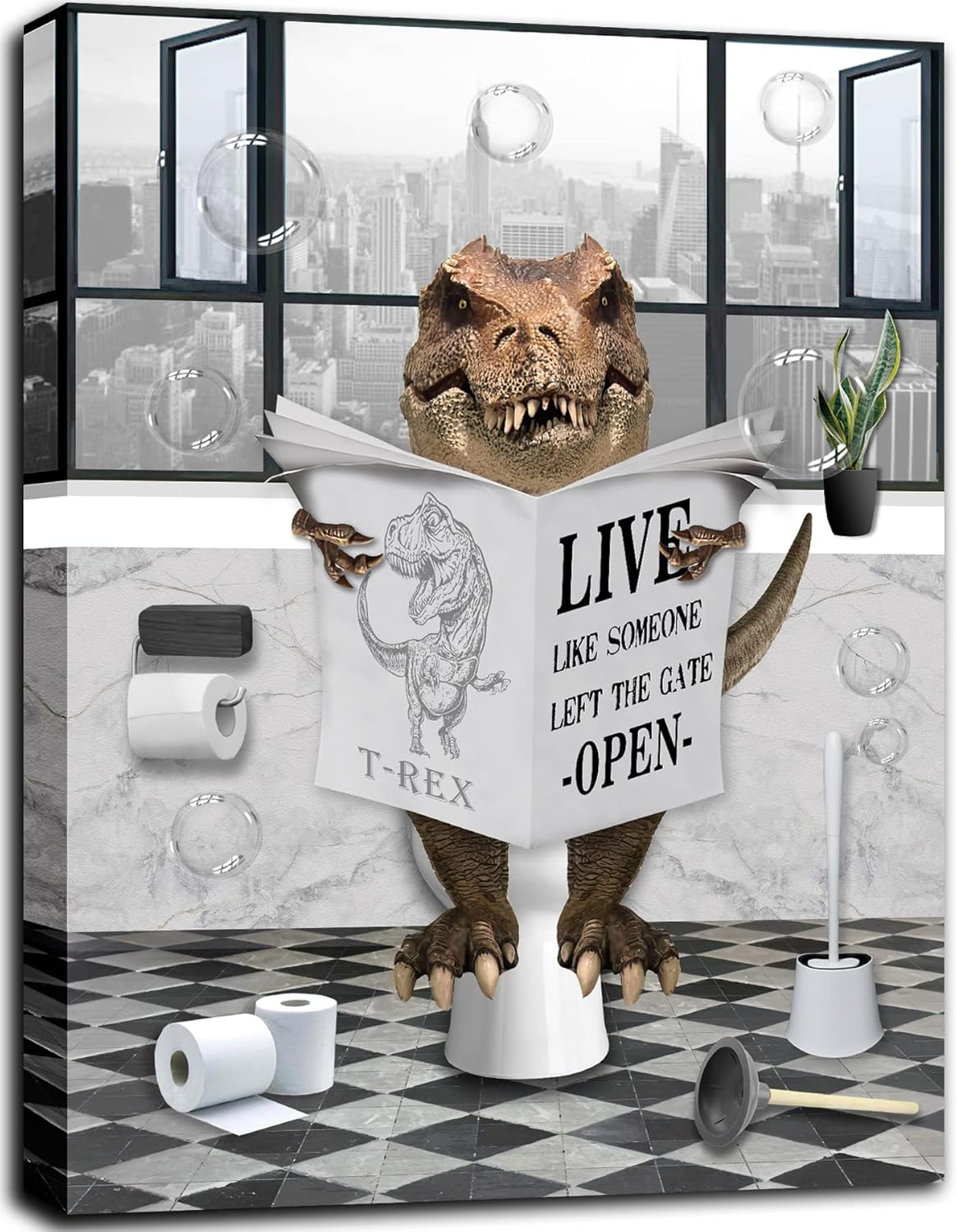 Funny Dinosaur Toilet Reading Newspaper Wall Art 12x16 Framed