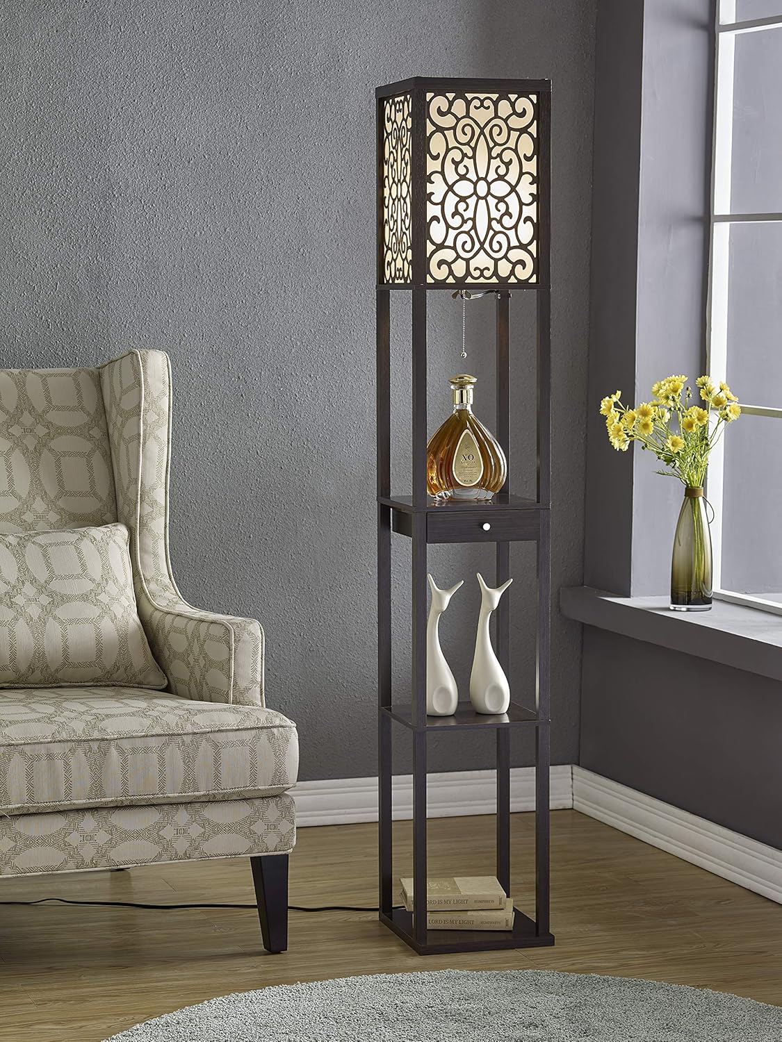 Artiva USA A808101EX Floor Lamp with Drawer and Floral Shade