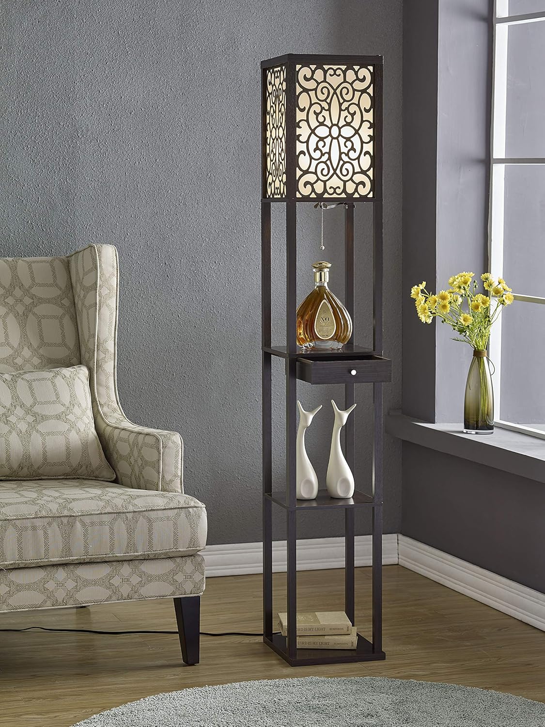 Artiva USA A808101EX Floor Lamp with Drawer and Floral Shade